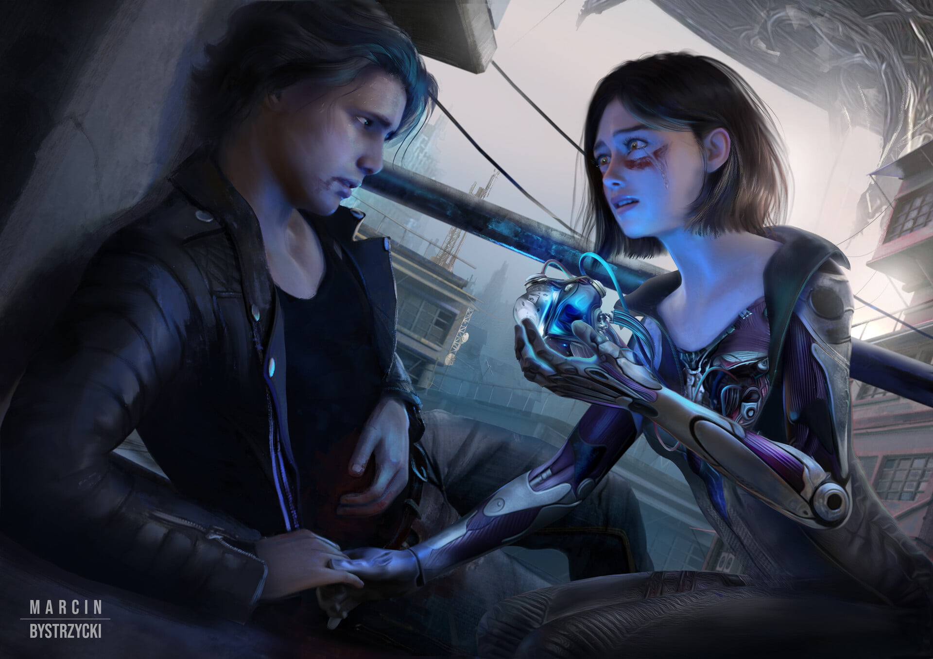 men, holding hands, black clothing, ArtStation, open jacket, Marcin Bystrzycki, Alita, sad, artwork, face paint, drawing, fan art, Alita: Battle Angel, HD Wallpaper