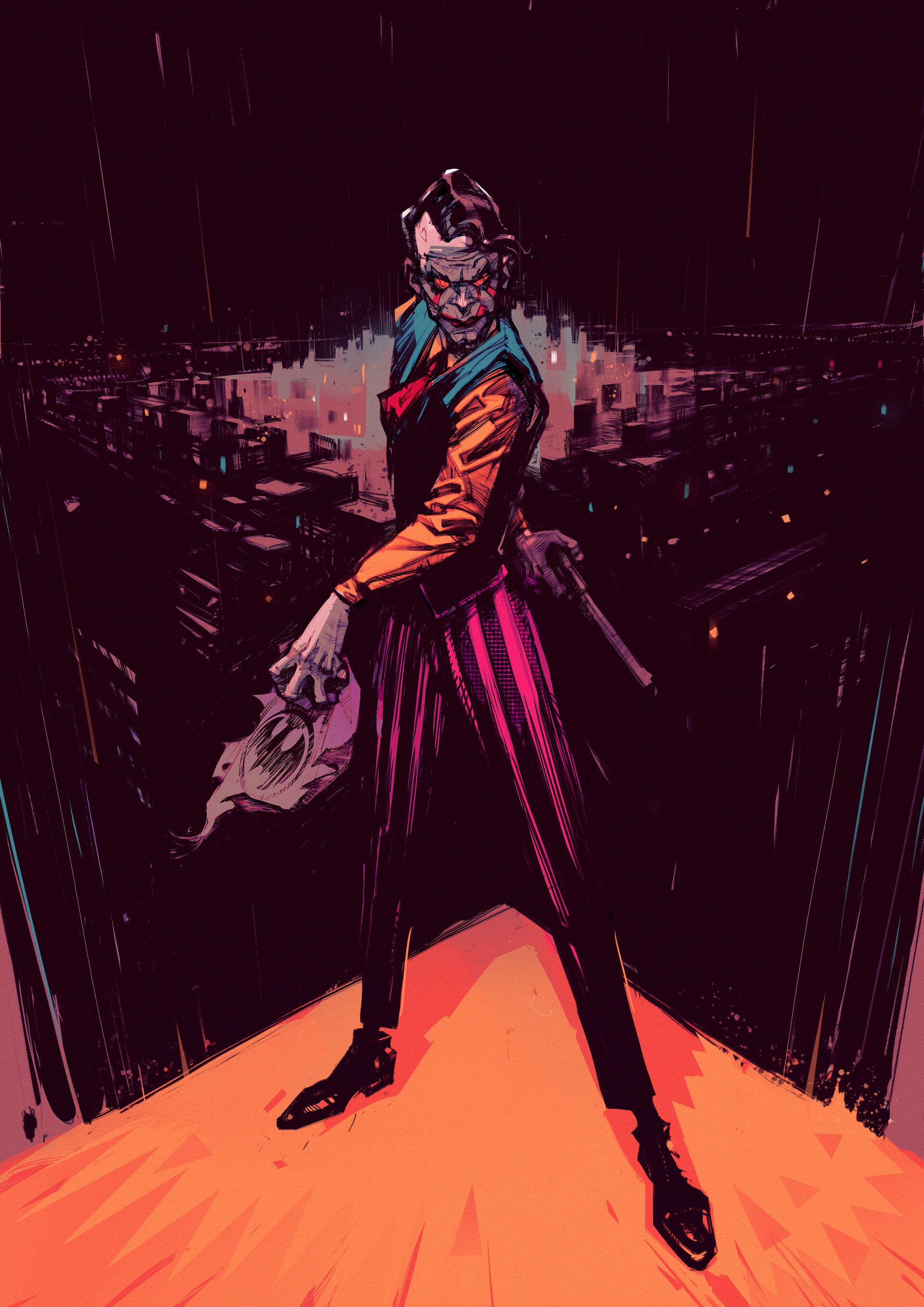 glowing eyes, ArtStation, tie, portrait display, boots, villain, standing, gun, looking at viewer, closed mouth, DC Comics, city, Ivan Stojkovic, comic art, Phone HD Wallpaper