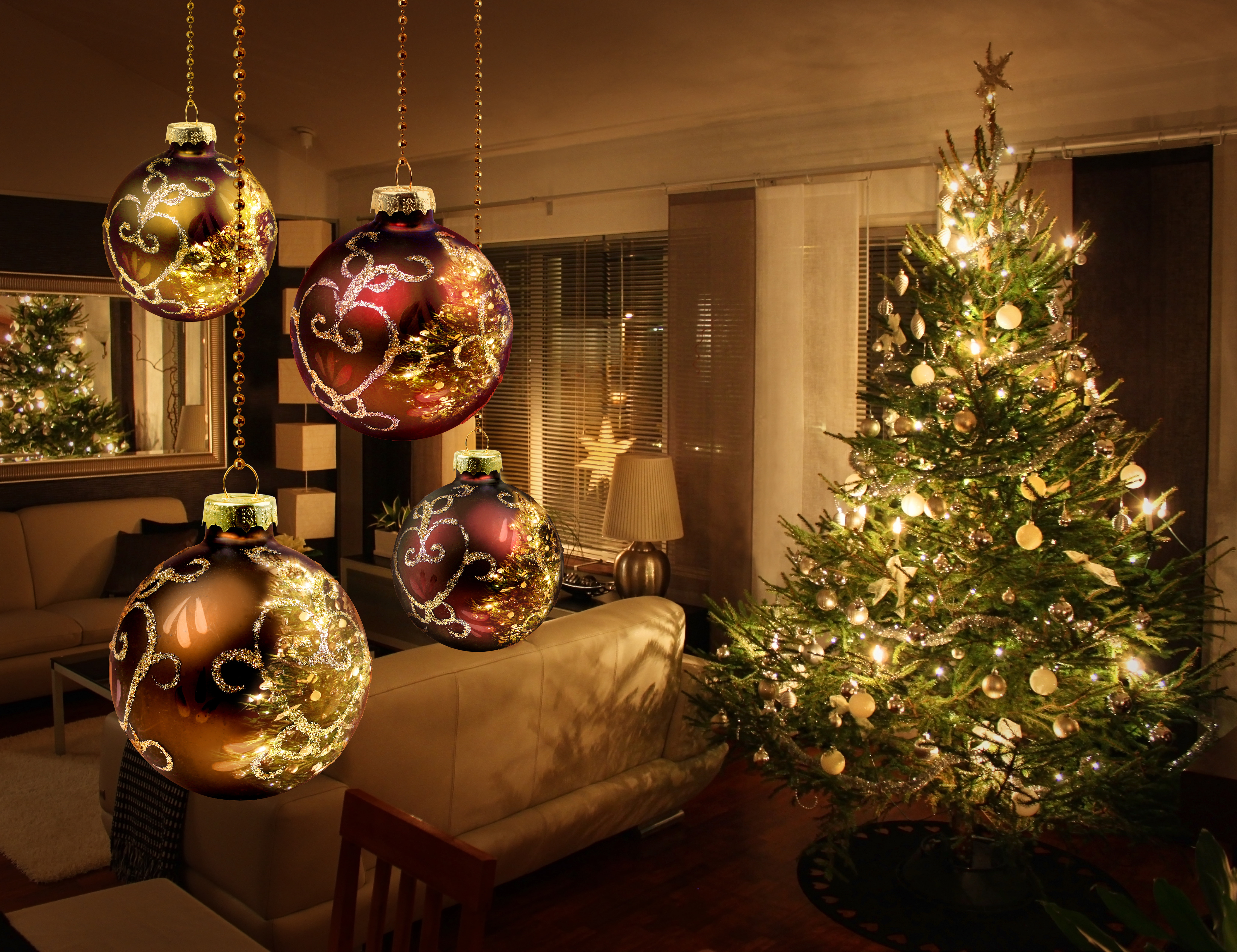 decor, 8K, New year, tree, christmas tree, ornament, light balls, Merry Christmas, light up balloons, lights, interior, decoration, HD Wallpaper