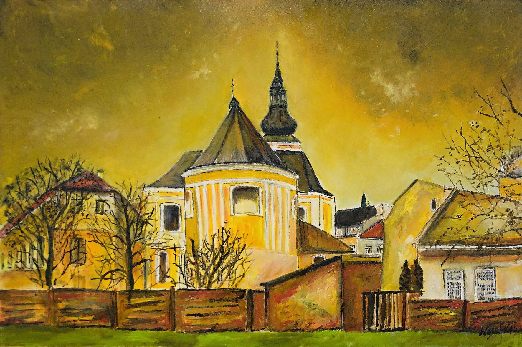 spire, place of worship, sky, architecture, outdoors, building, no people, painting, tree, change, textured effect, nature, village, yellow, house, church, HD Wallpaper