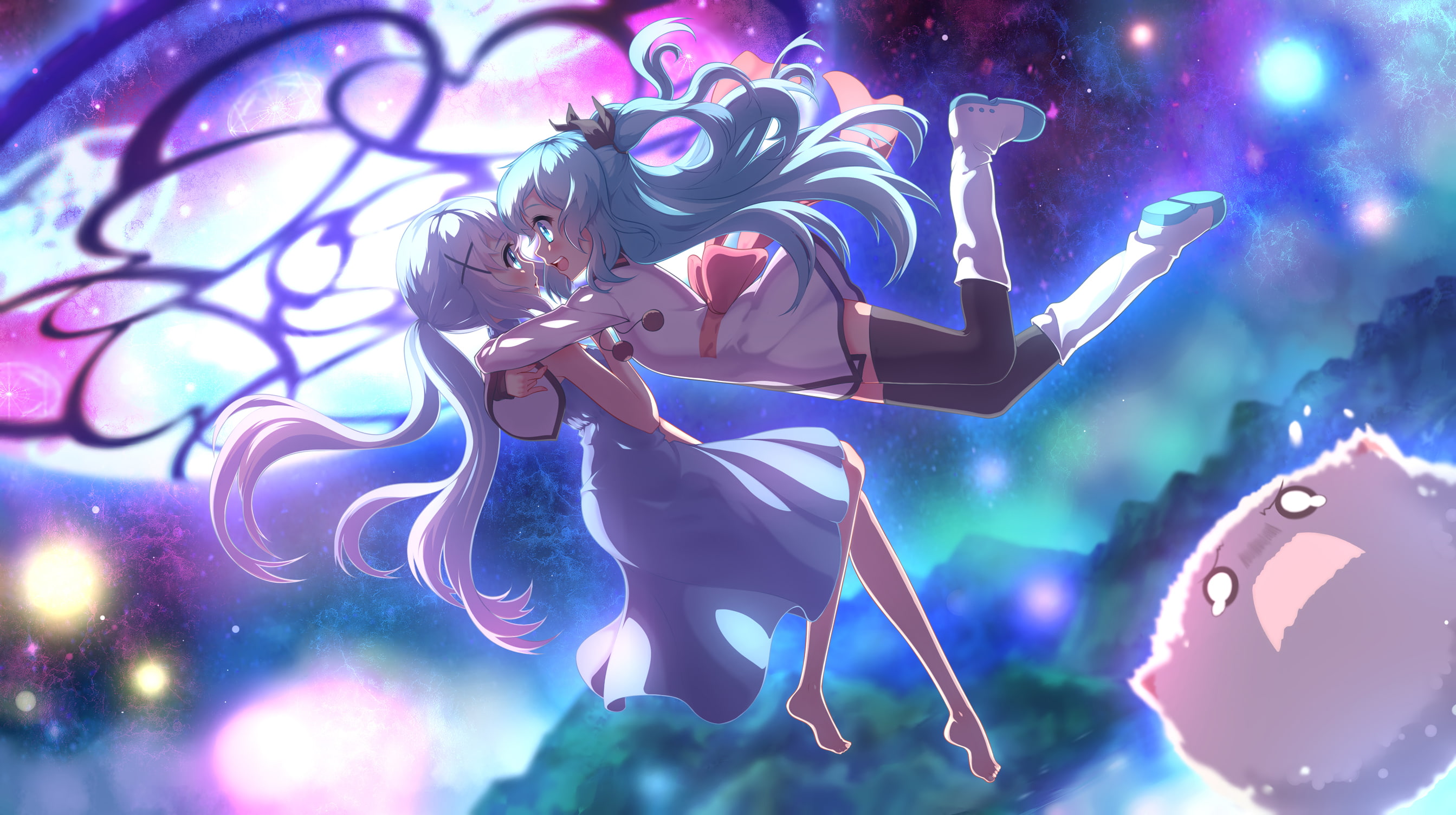Dress, Noel (Celestial Method), Blue Hair, White Hair, bow (Clothing), 2K, Crossover, Long Hair, Twintails, Celestial Method, Is the Order a Rabbit?, Magic, HD Wallpaper