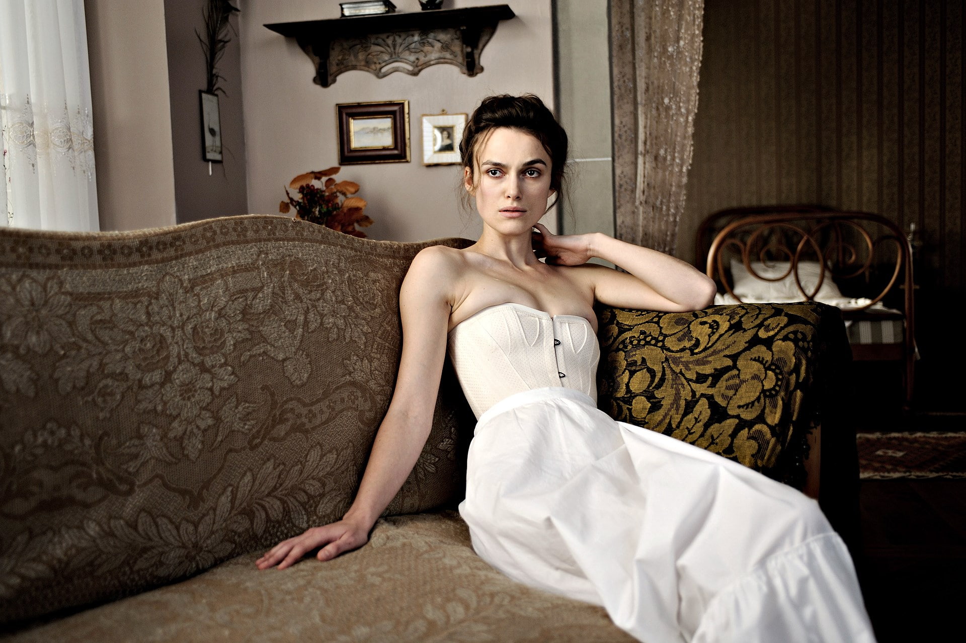 beautiful woman, hairstyle, domestic room, adult, women, sitting, one person, fashion, dress, contemplation, sofa, indoors, luxury, beauty, a dangerous method, HD Wallpaper
