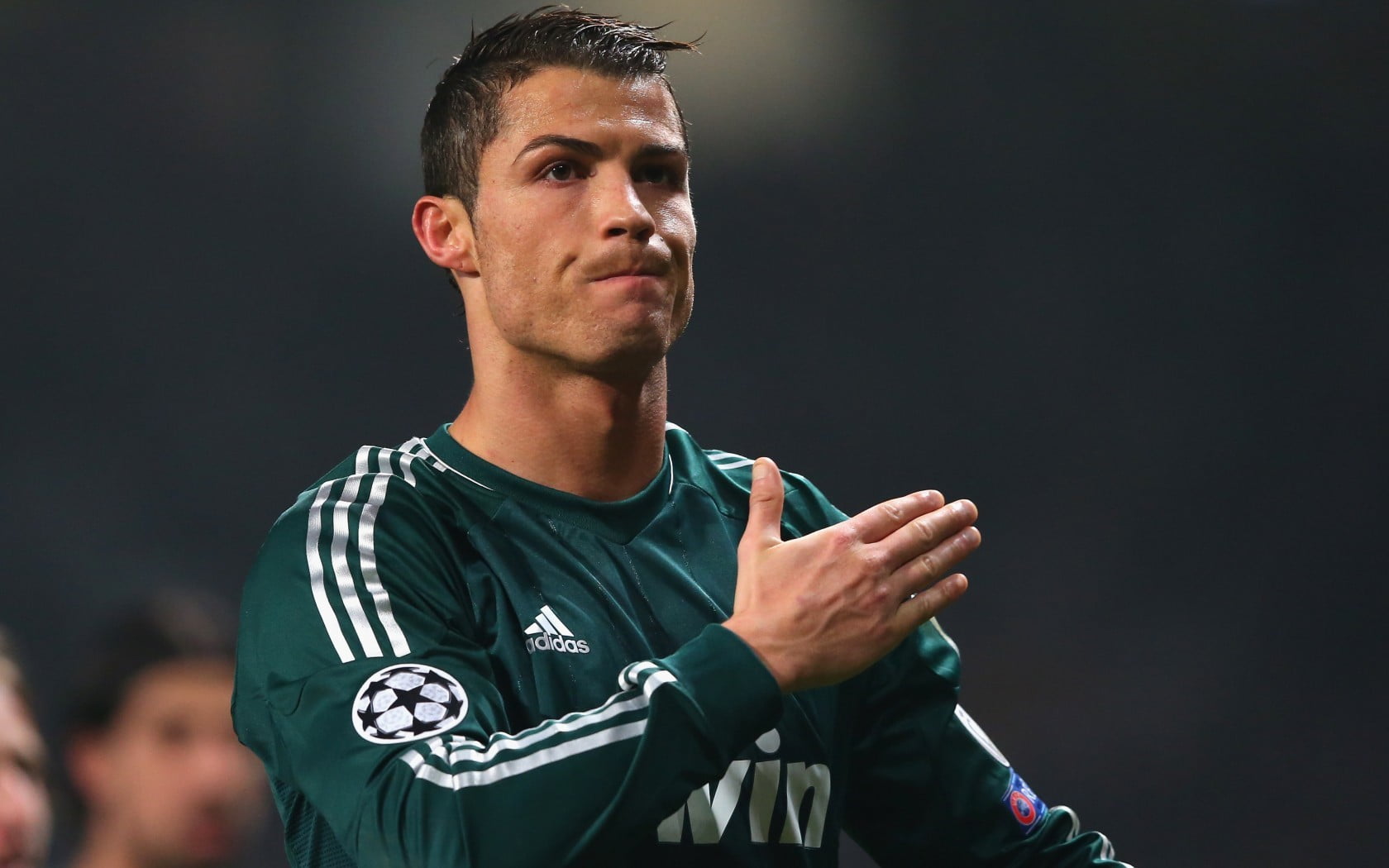 portrait, adult, Real madrid, one person, black background, front view, serious, waist up, contemplation, young adult, copy space, headshot, Cr7, men, sport, HD Wallpaper