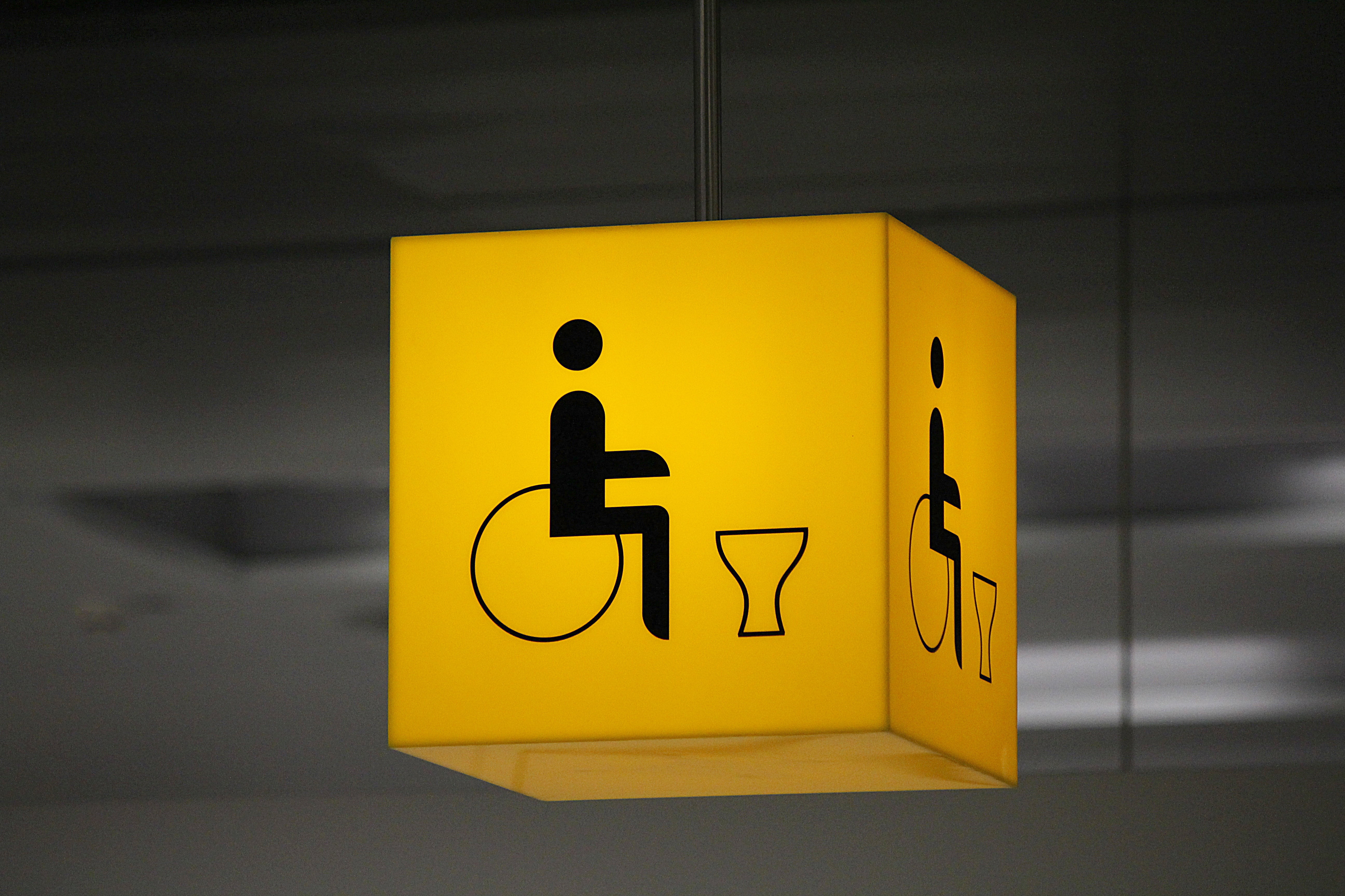 directional sign, hanging, disabled access, communication, representation, wheelchair, restroom sign, disabled toilet, information symbol, 5K, warning symbol, HD Wallpaper