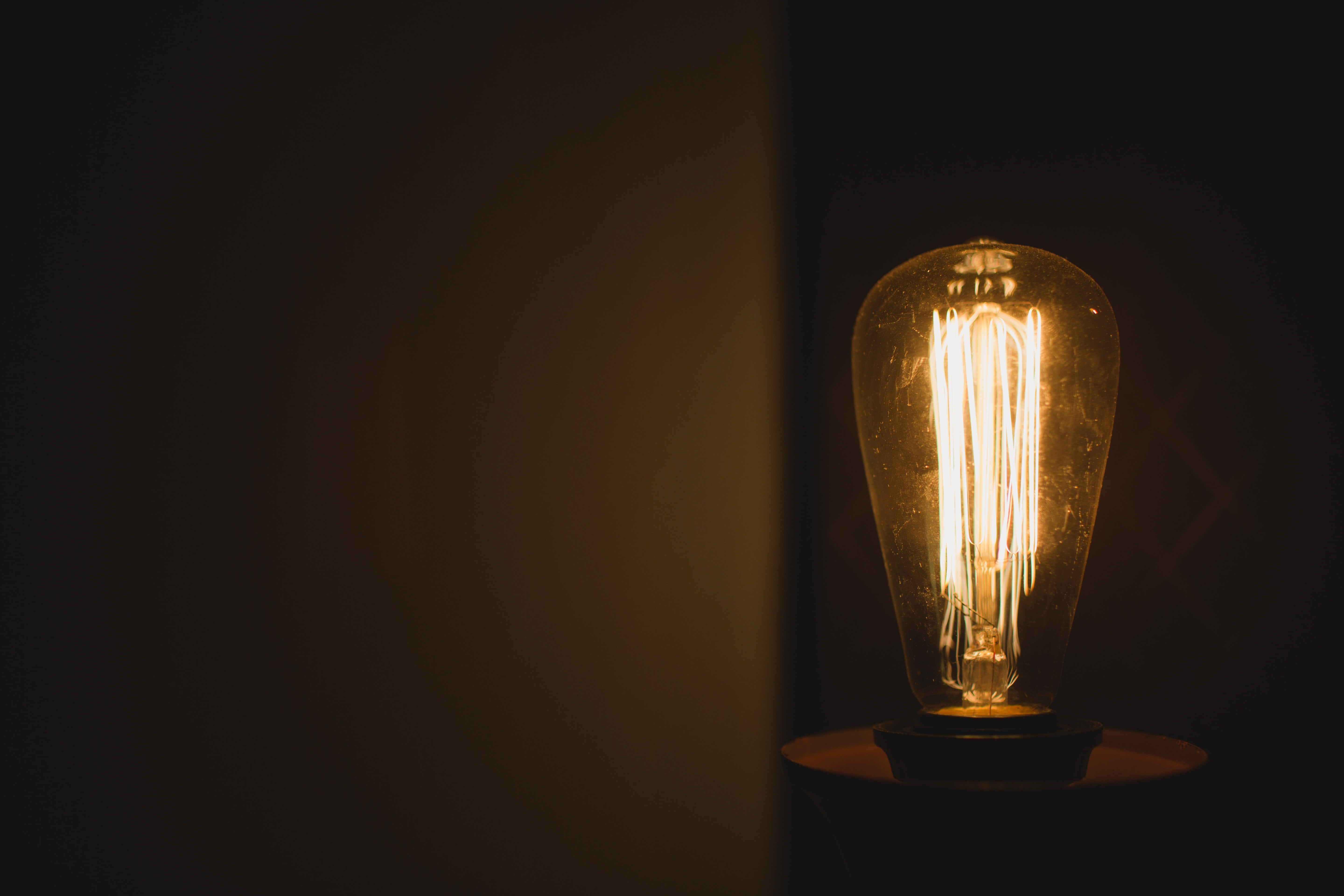 incandescent, electric lamp, 5K, black background, studio shot, dark, electric light, burning, copy space, glass - material, tungsten, technology, light, HD Wallpaper