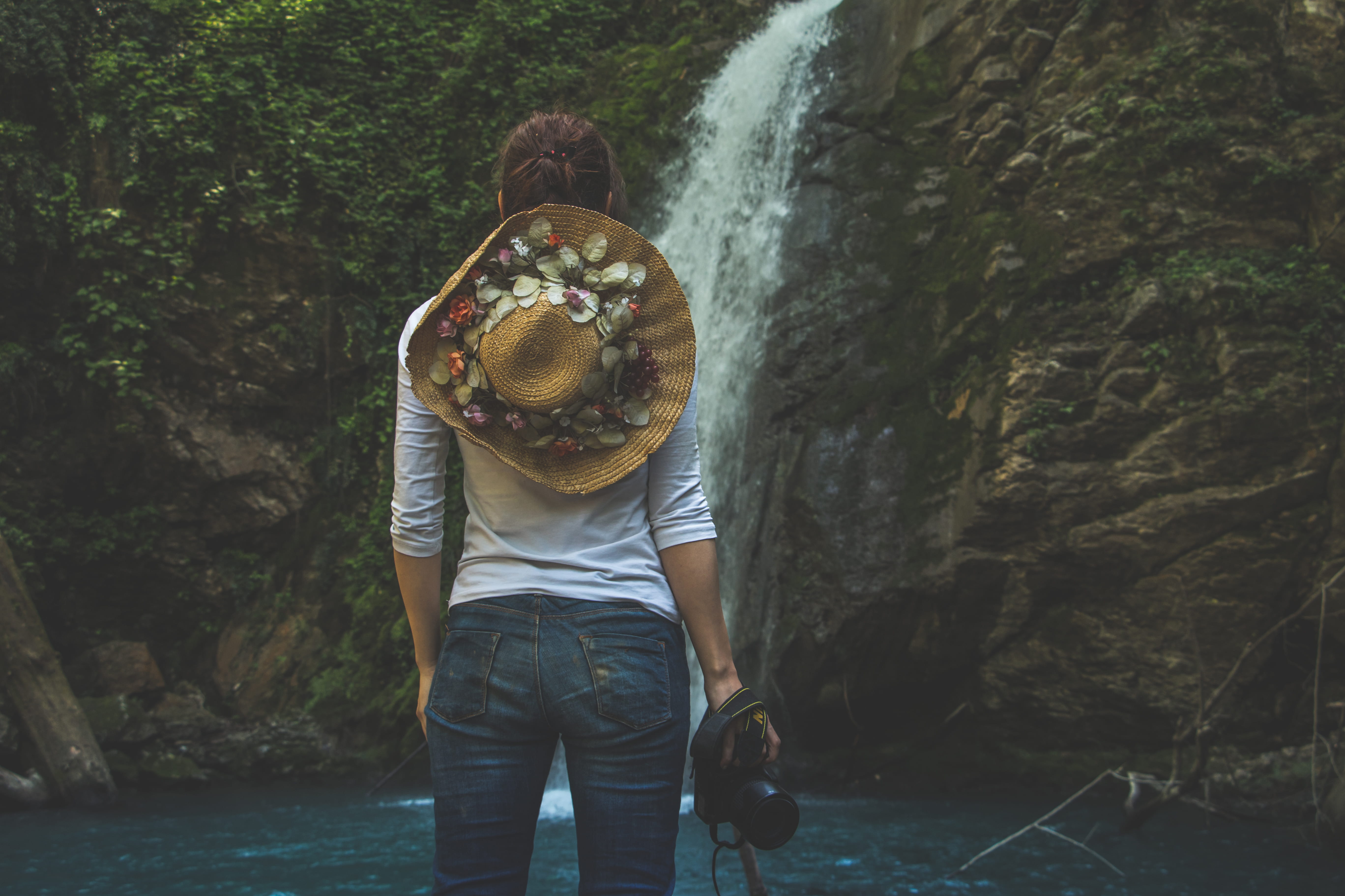 outdoors, rock, rock - object, lady, scenics - nature, young adult, one person, travel, camera, hiking, nature, woman, waterfalls, water, hat, day, leisure activity, HD Wallpaper