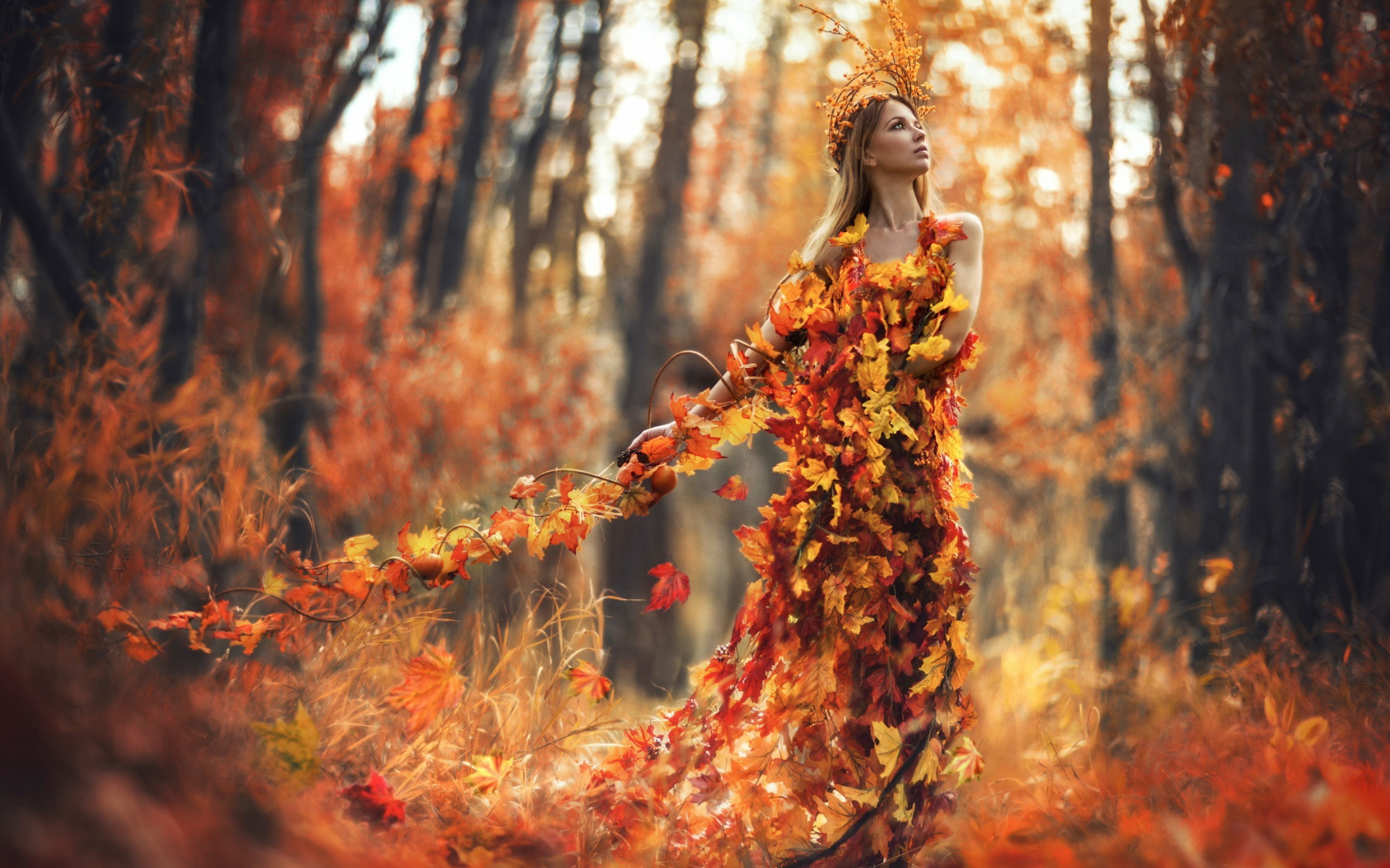 landscape, 2K, leaf, path, women, leaves, nature, autumn, Fall, tree, fantasy, female, mood, woman, girl, Trail, forest, HD Wallpaper