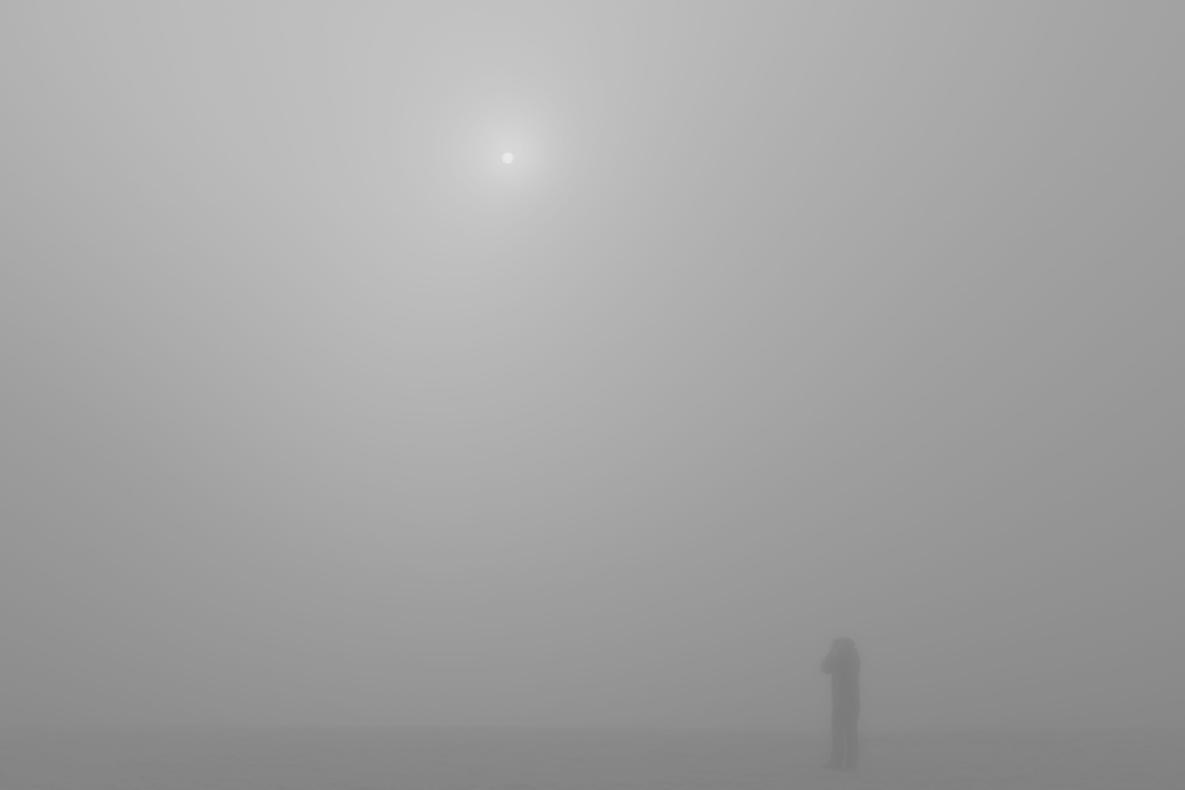no orientation, tranquility, photographer, land, sun, standing, copy space, men, 4K, tranquil scene, nature, disoriented, silhouette, sky, foggy, night, HD Wallpaper