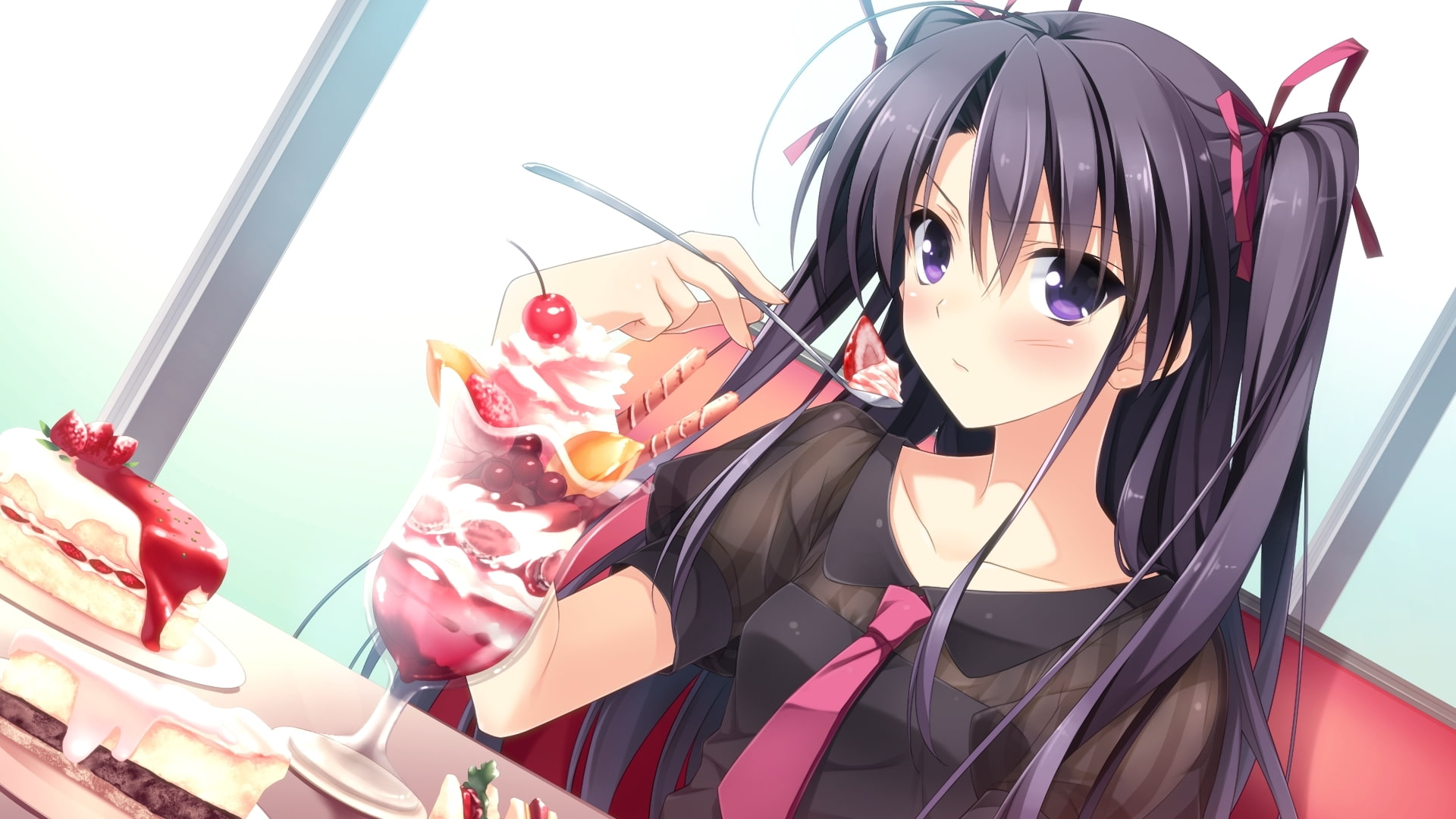morikubo yuna, girl, look, sweets, ice cream, suzuhira hiro, berrys, art, dissatisfaction, 1080P, cafe, HD Wallpaper