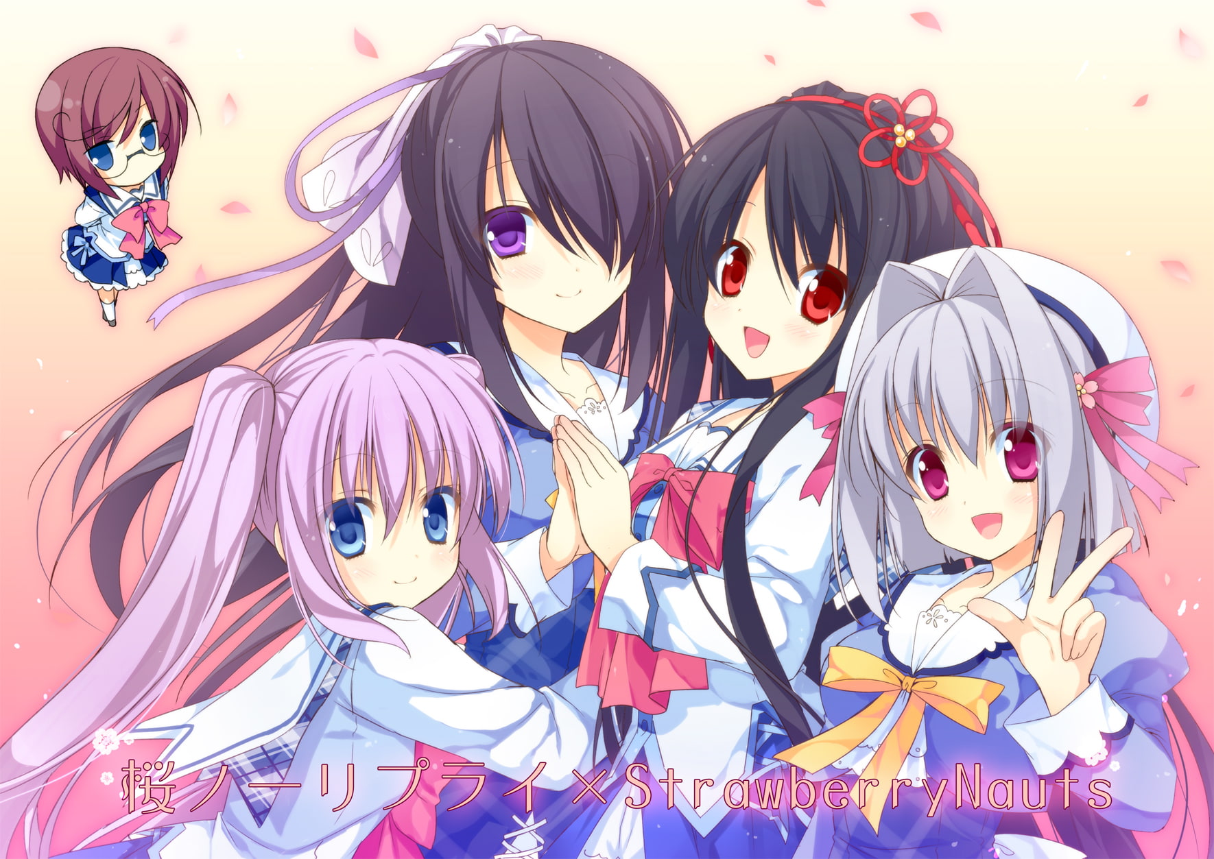 petals, purple, eyes, group, hair, sakura, pink, reply, blue, yatsuka, red, seifuku, crossover, saejima, itsuki, momo, onomatope, 720P, HD Wallpaper