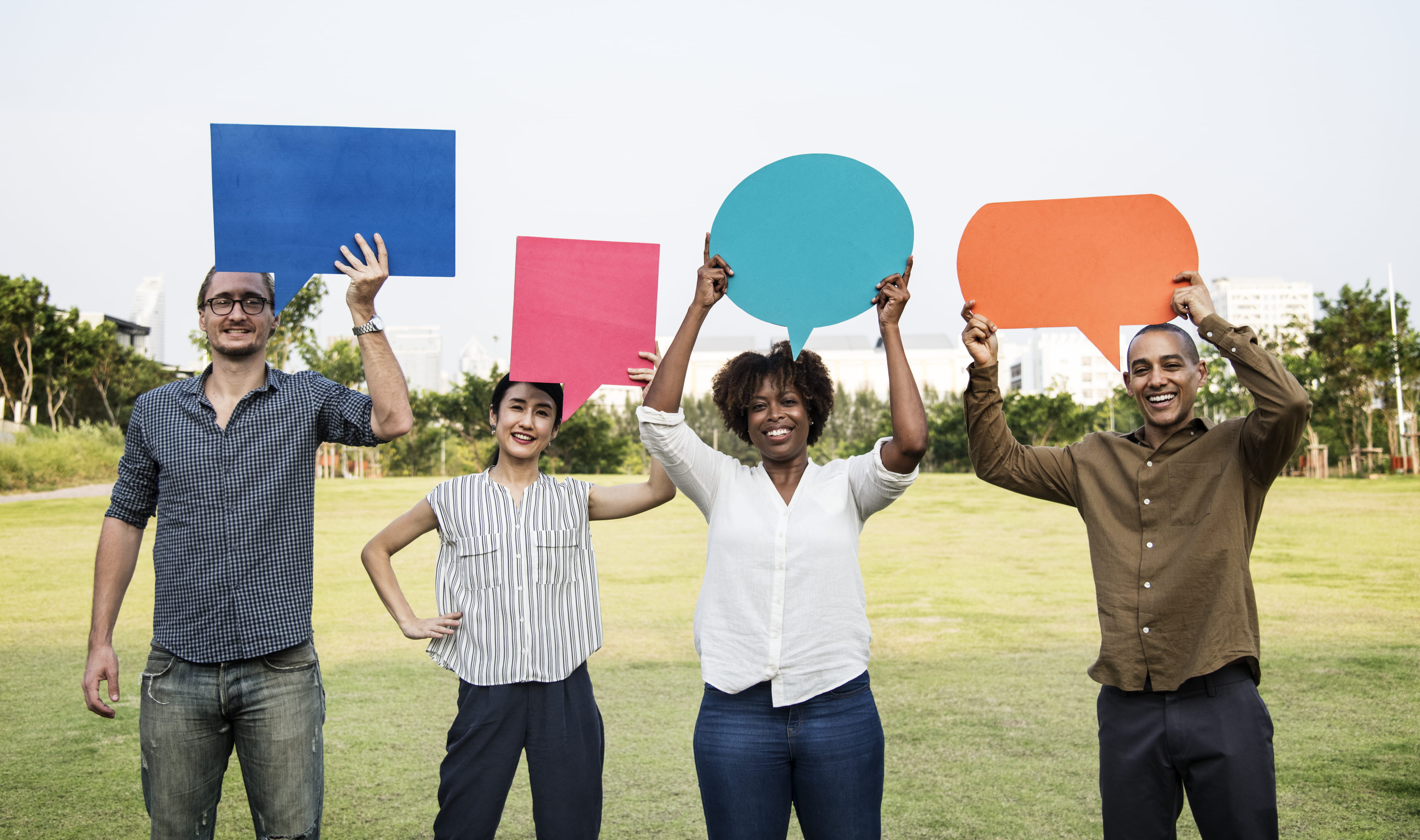 smiling, man, speech bubble, green, men, community, opinion, reply, body part, grass, friends, portrait, communication, arms raised, sharing, adult, group of people, HD Wallpaper