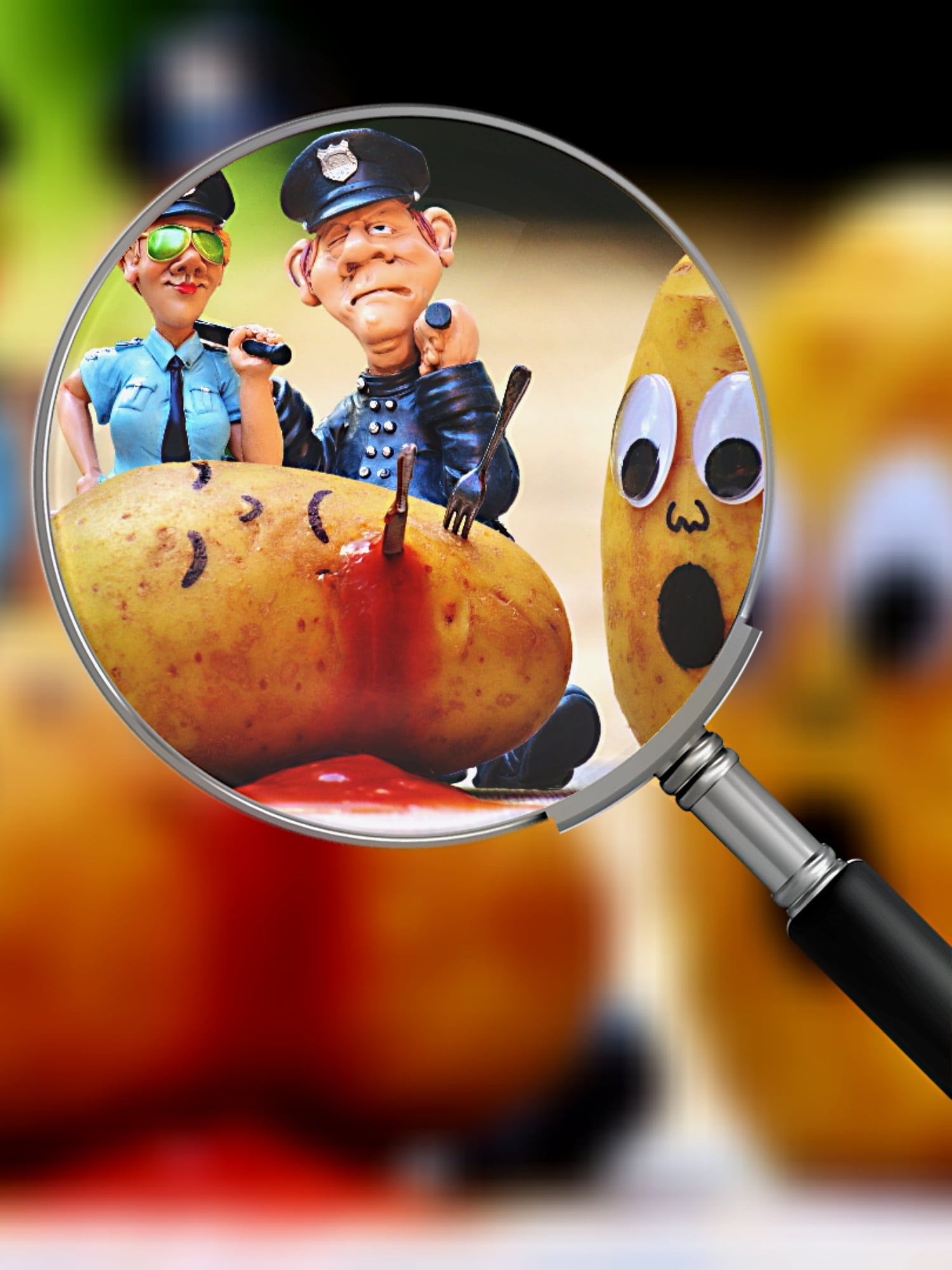 police, fork, humor, blood, murder, small, human representation, investigations, child, offspring, potato murder, figurine, ketchup, men, childhood, fun, Phone HD Wallpaper