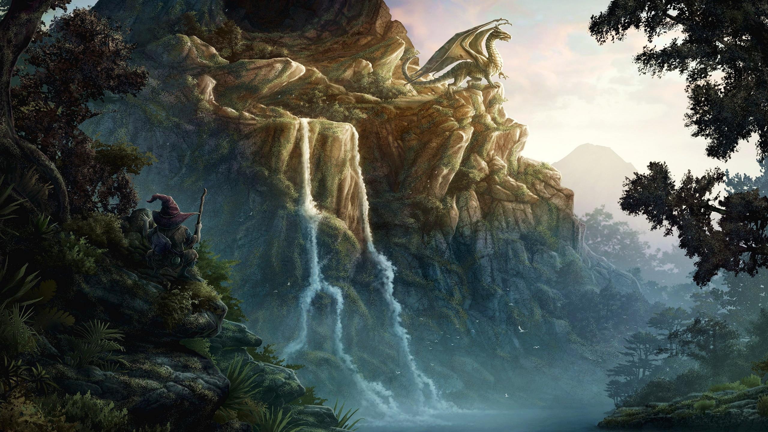 2K, waterfalls, 3d and abstract, forest, dwarf, dragon, seeker, HD Wallpaper