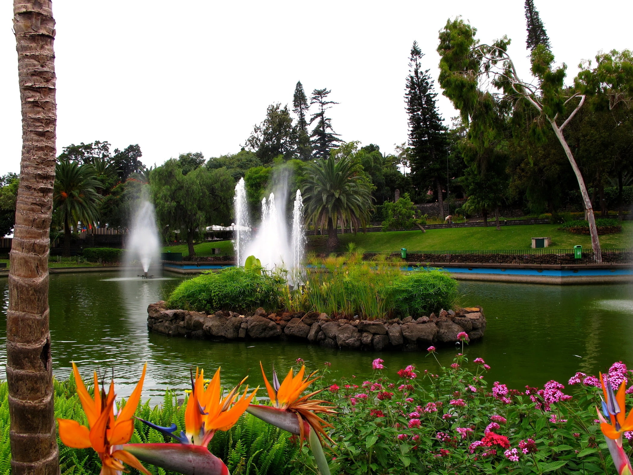 outdoors, landscape, 1080P, long exposure, waterfall, park, green Color, water, blue, day, famous Place, sky, growth, park - Man Made Space, formal Garden, HD Wallpaper