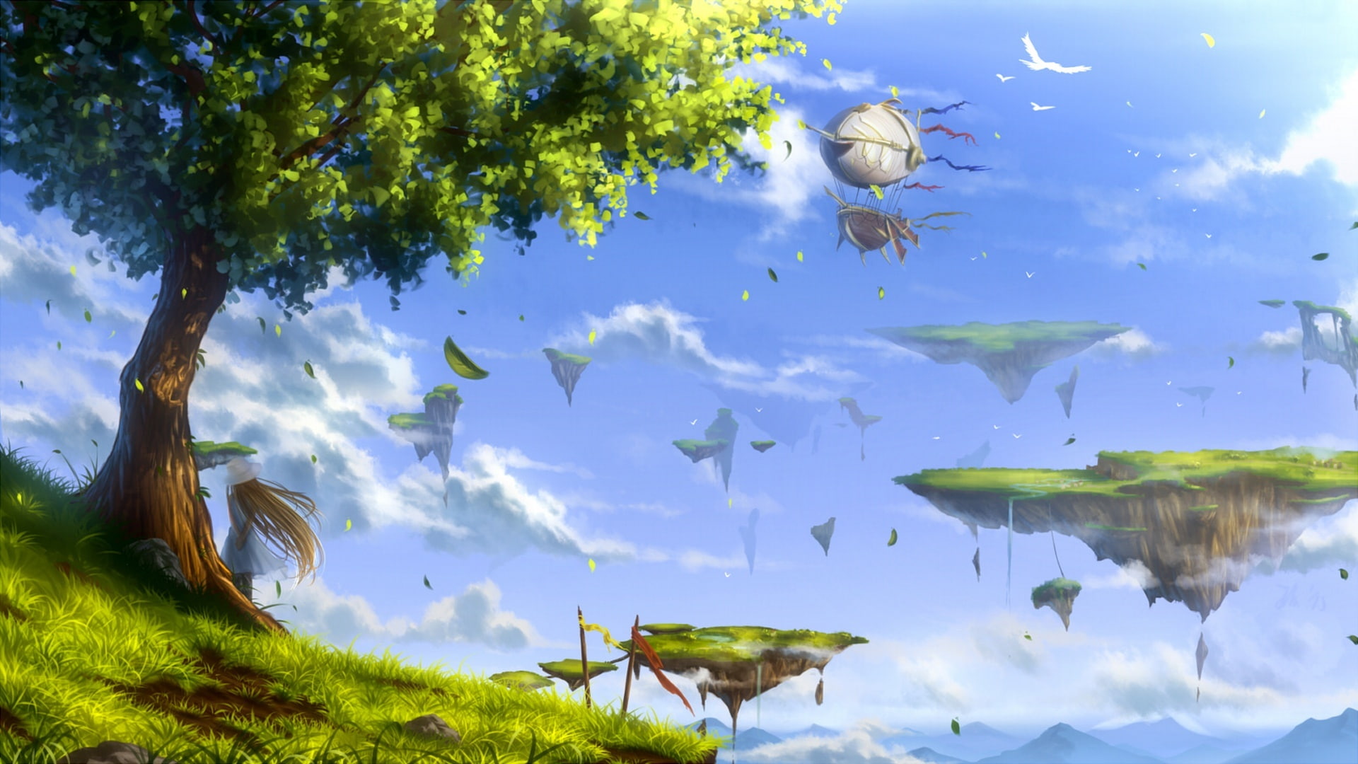 clouds, art, birds, girl, nature, tree, anime, guides-guides, the sky, landscape, 1080P, HD Wallpaper