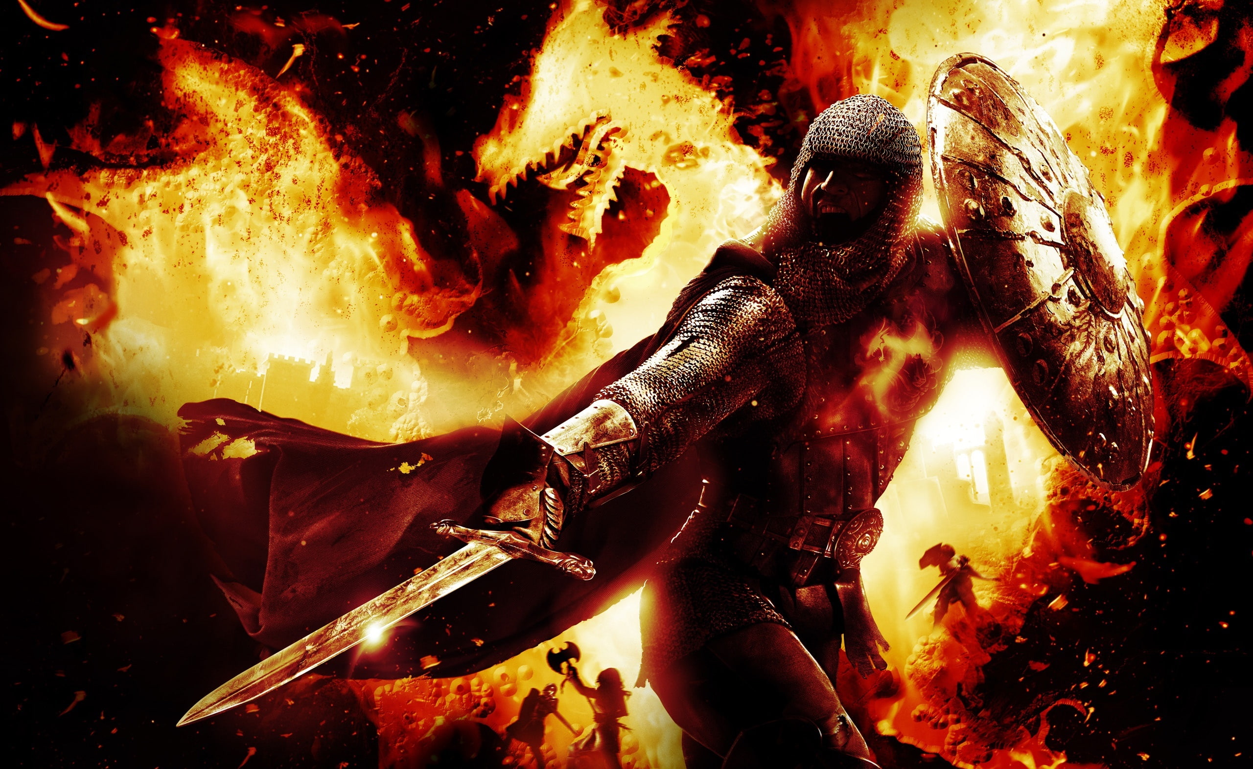Artwork, 2K, Games, flame, real people, three quarter length, dragons dogma, sword, burning, fire, man, event, concept art, orange color, dragon, HD Wallpaper