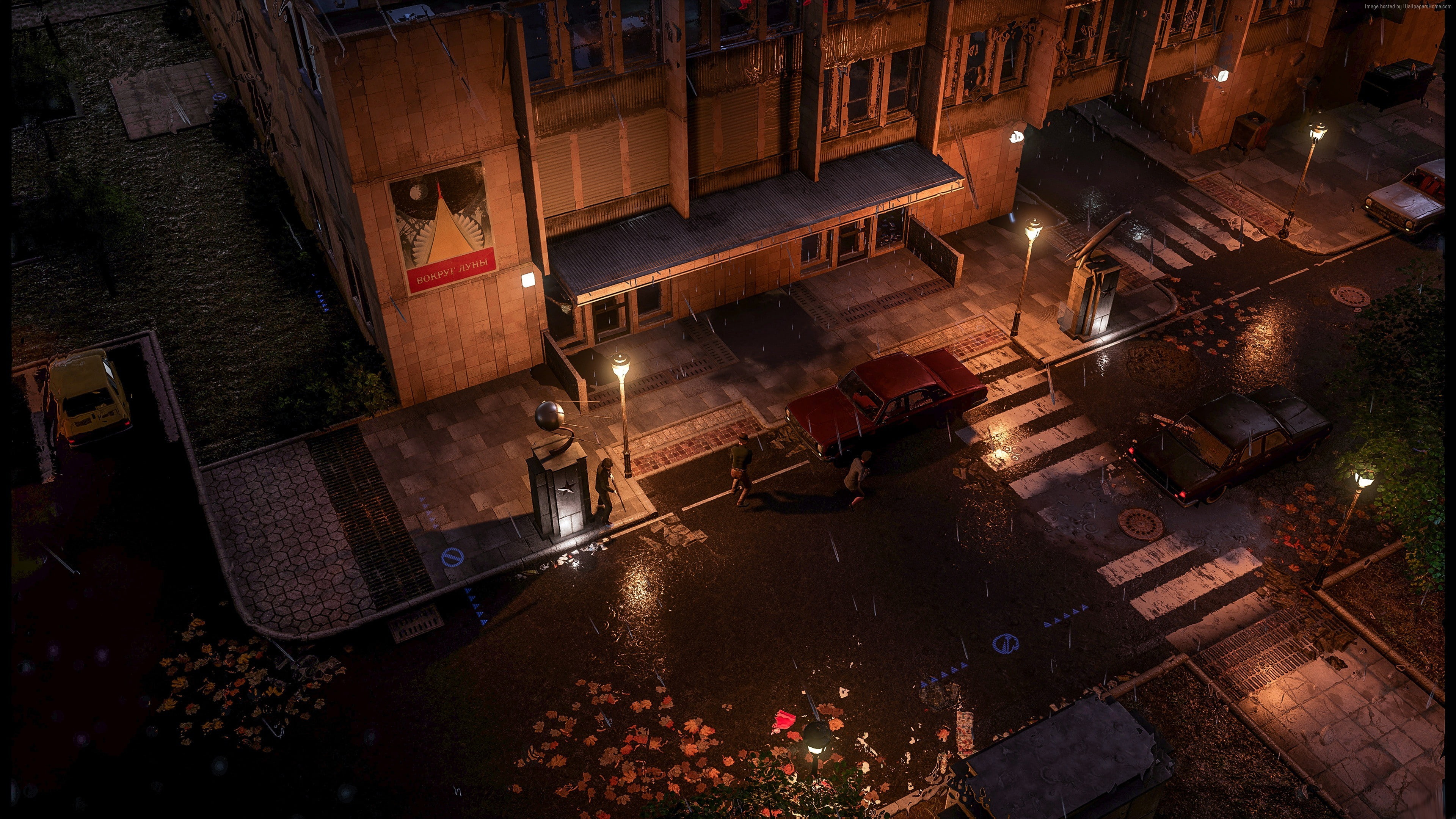 screenshot, motor vehicle, high angle view, reflection, 4K, transportation, no people, rain, land vehicle, 4K, wet, city, rainy season, road, architecture, HD Wallpaper