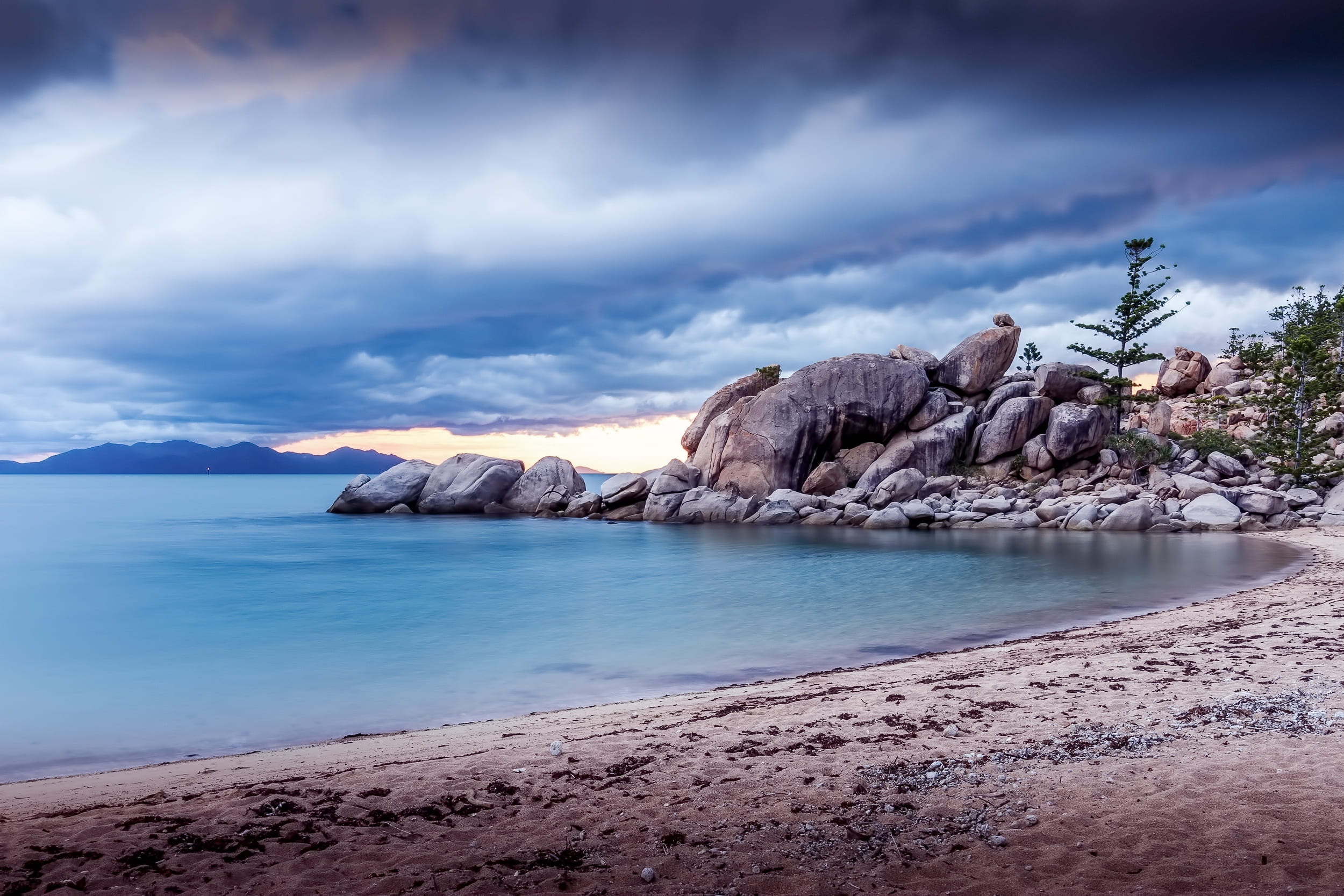 non-urban scene, beach, solid, tranquil scene, no people, calm, water, sea, idyllic, mountain, cloud - sky, bay, rock, beauty in nature, 1080P, rock - object, HD Wallpaper