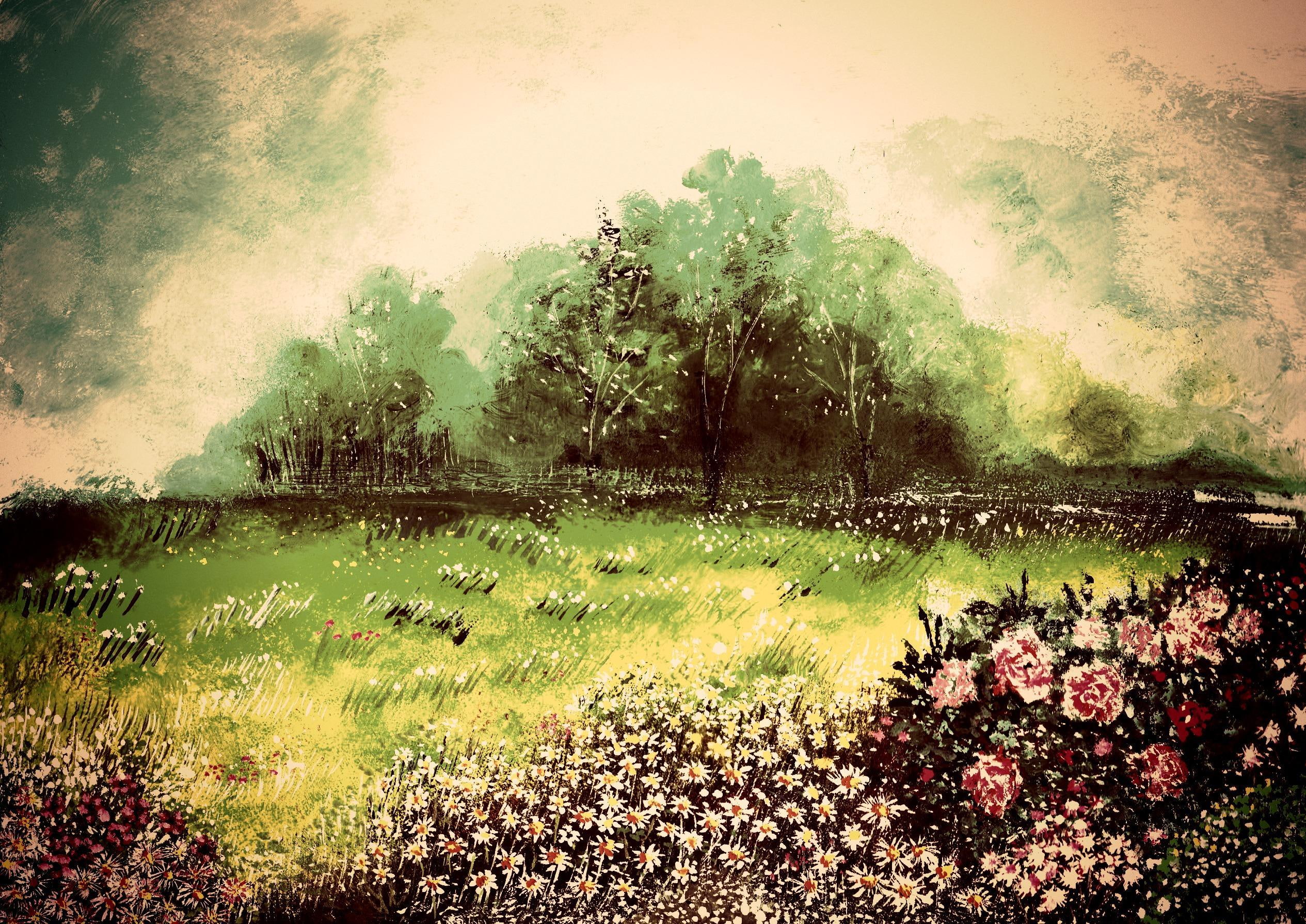 flowers, art, chamomile, 1080P, landscape, picture, roses, painting, near, figure, the wind, green, trees, HD Wallpaper