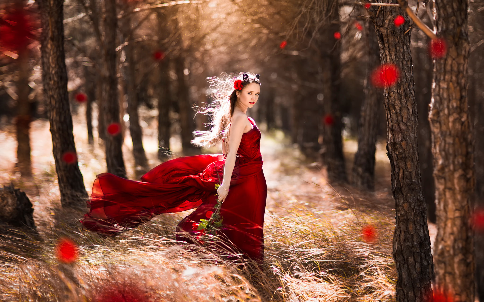in red, Shooting fantasy, roses, 1080P, dress, Little, forest, Red Riding Hood, girl, the wind, HD Wallpaper