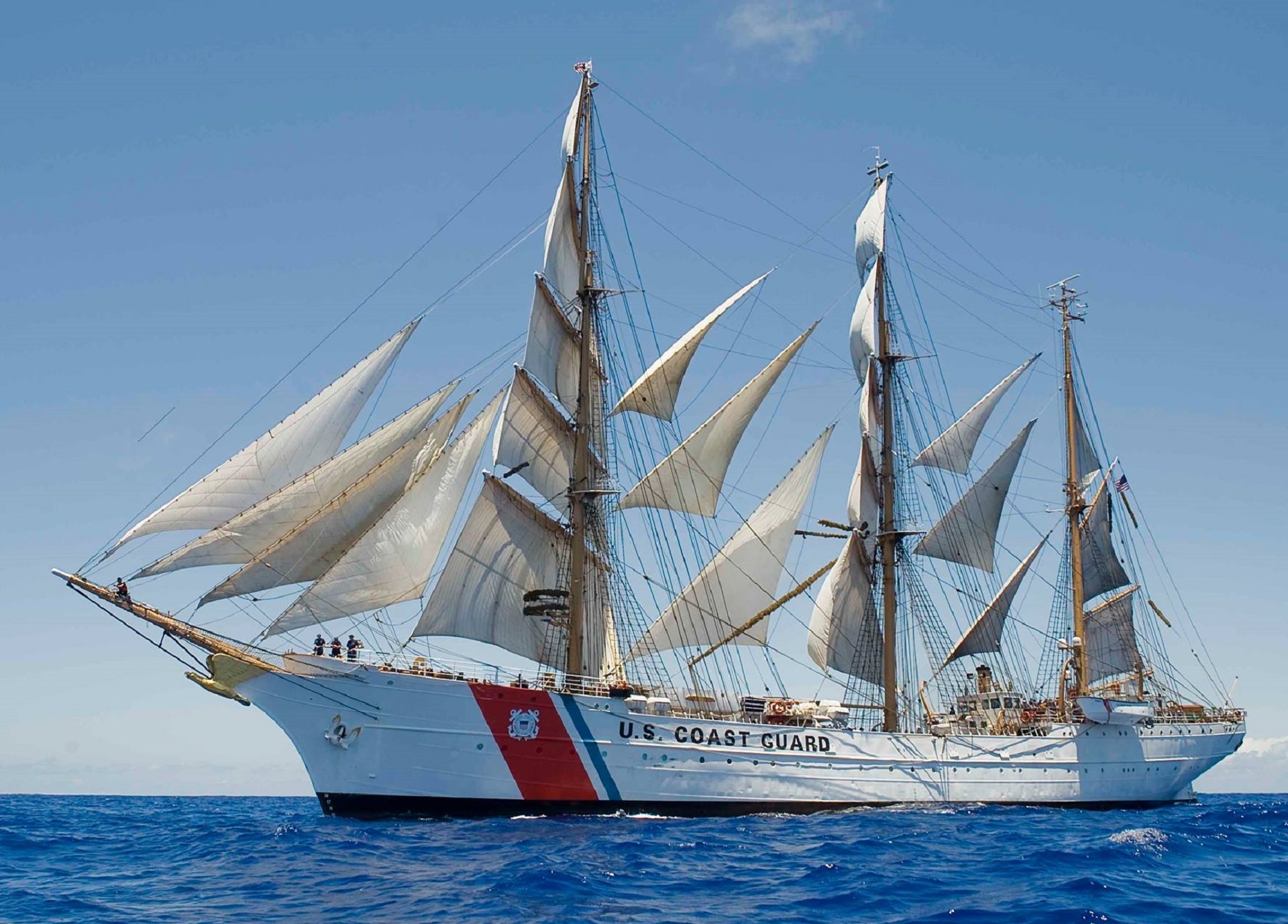 blue, sea, sailing, yacht, nature, outdoors, pole, sailboat, usa, military, nautical Vessel, mast, coast guard, day, mode of transportation, marine, 1080P, HD Wallpaper
