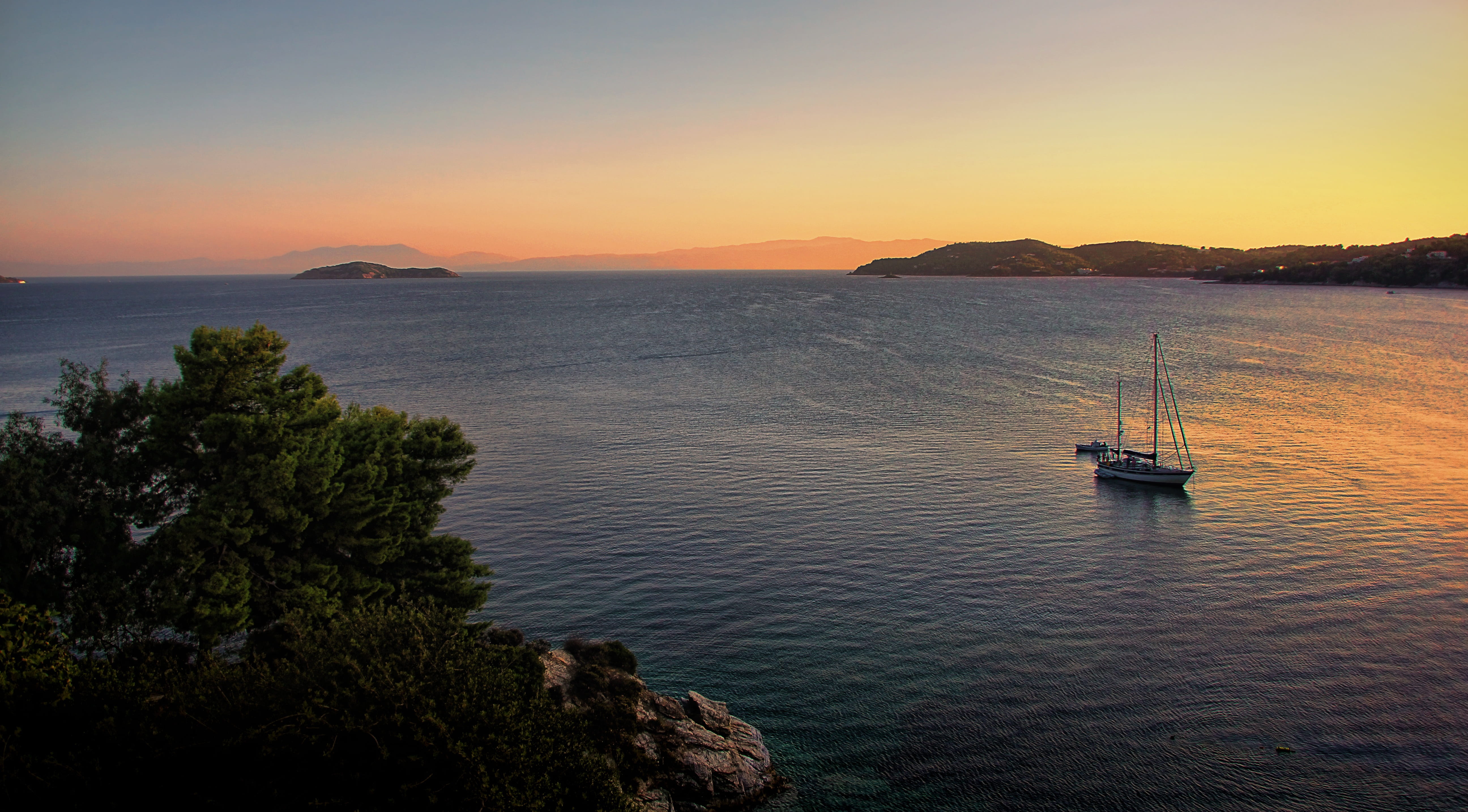 boot, abendstimmung, sailing, holiday, tranquility, mode of transportation, sail, greece, mountain, tranquil scene, water, holidays, island, sailing vessel, HD Wallpaper