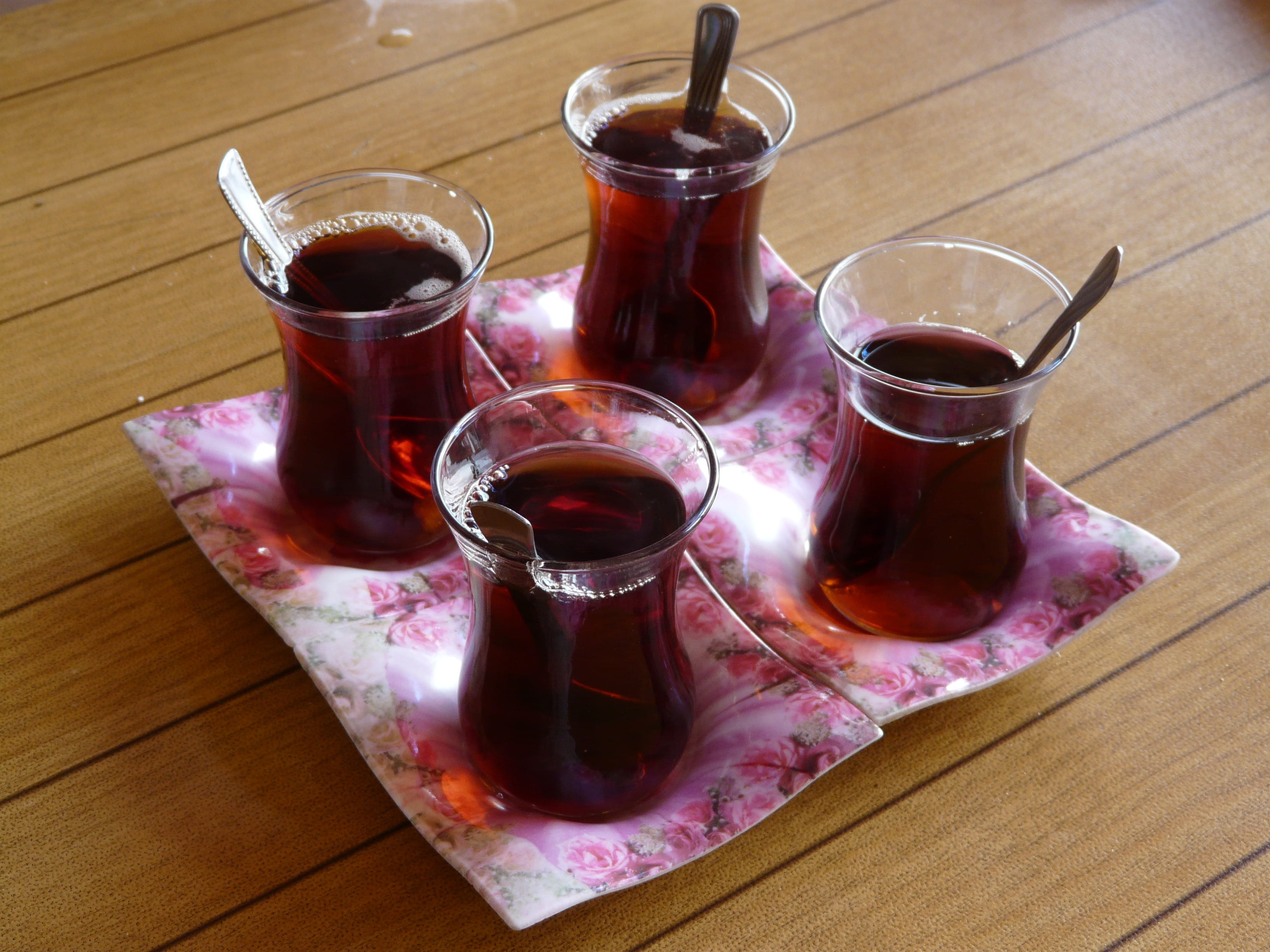 drink, refreshment, four, tray, purple, spoon, still life, glass, serving size, turkish tea, no people, tee, table, tea - hot drink, drinking glass, freshness, HD Wallpaper