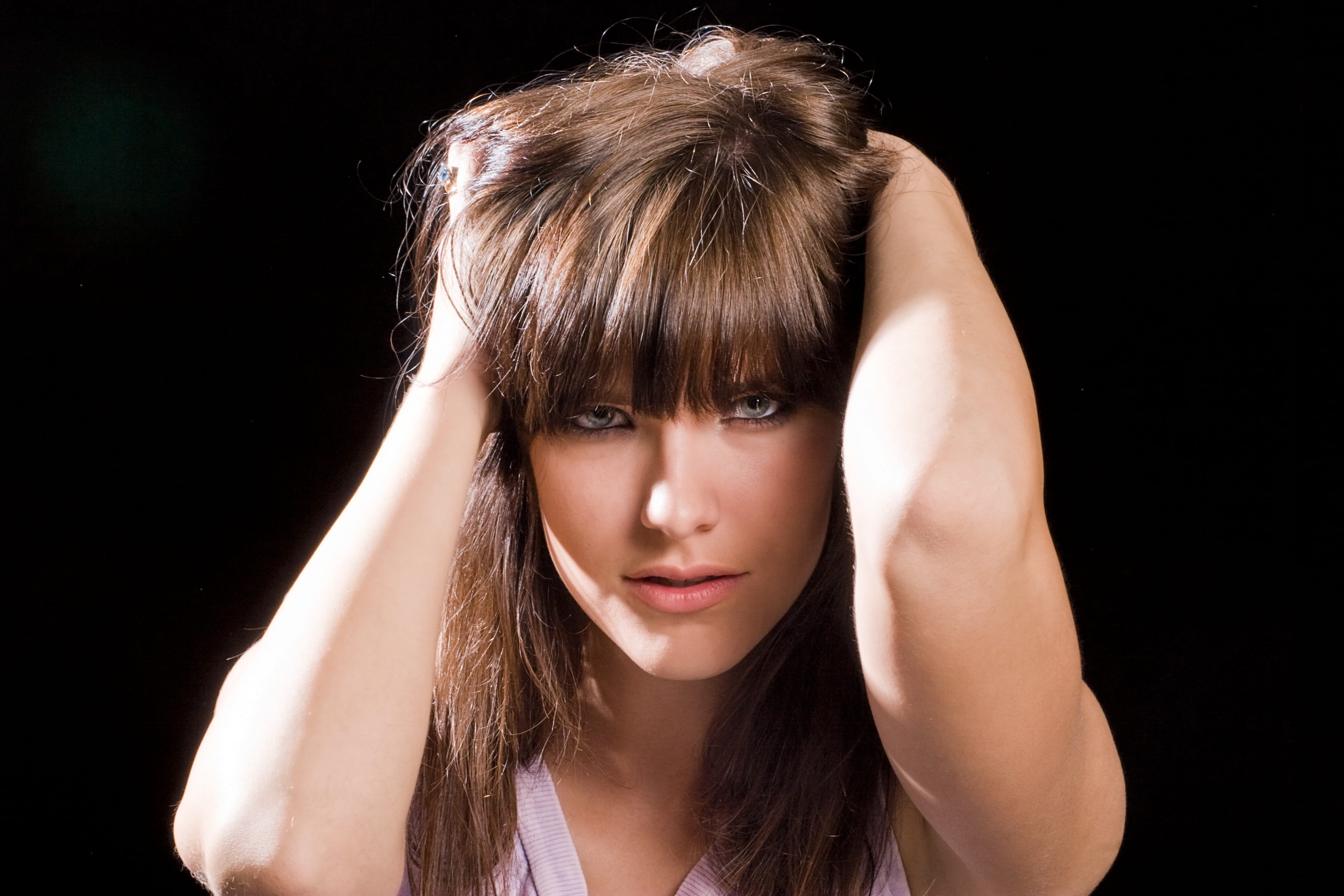 portrait, human hair, young adult, bangs, 2K, headshot, attractive, modeling, face, brown hair, looking at camera, female, black background, close-up, HD Wallpaper