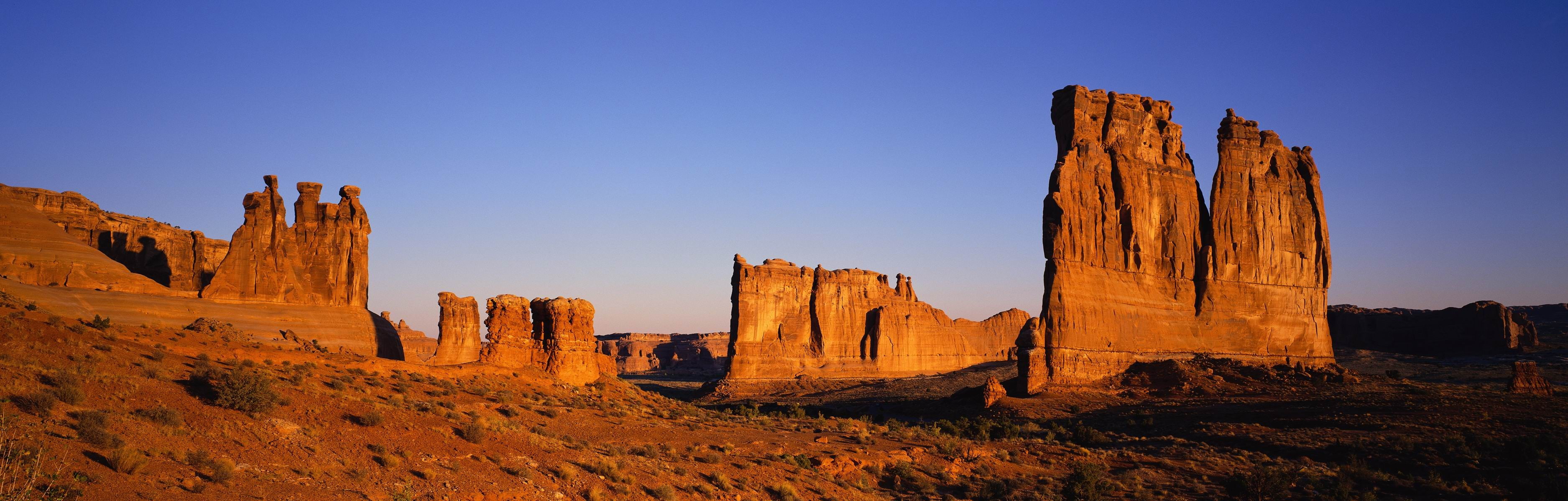 travel, rock, non-urban scene, travel destinations, eroded, landscape, clear sky, arid climate, panoramic, nature, sandstone, blue, sky, 2K, beauty in nature, HD Wallpaper