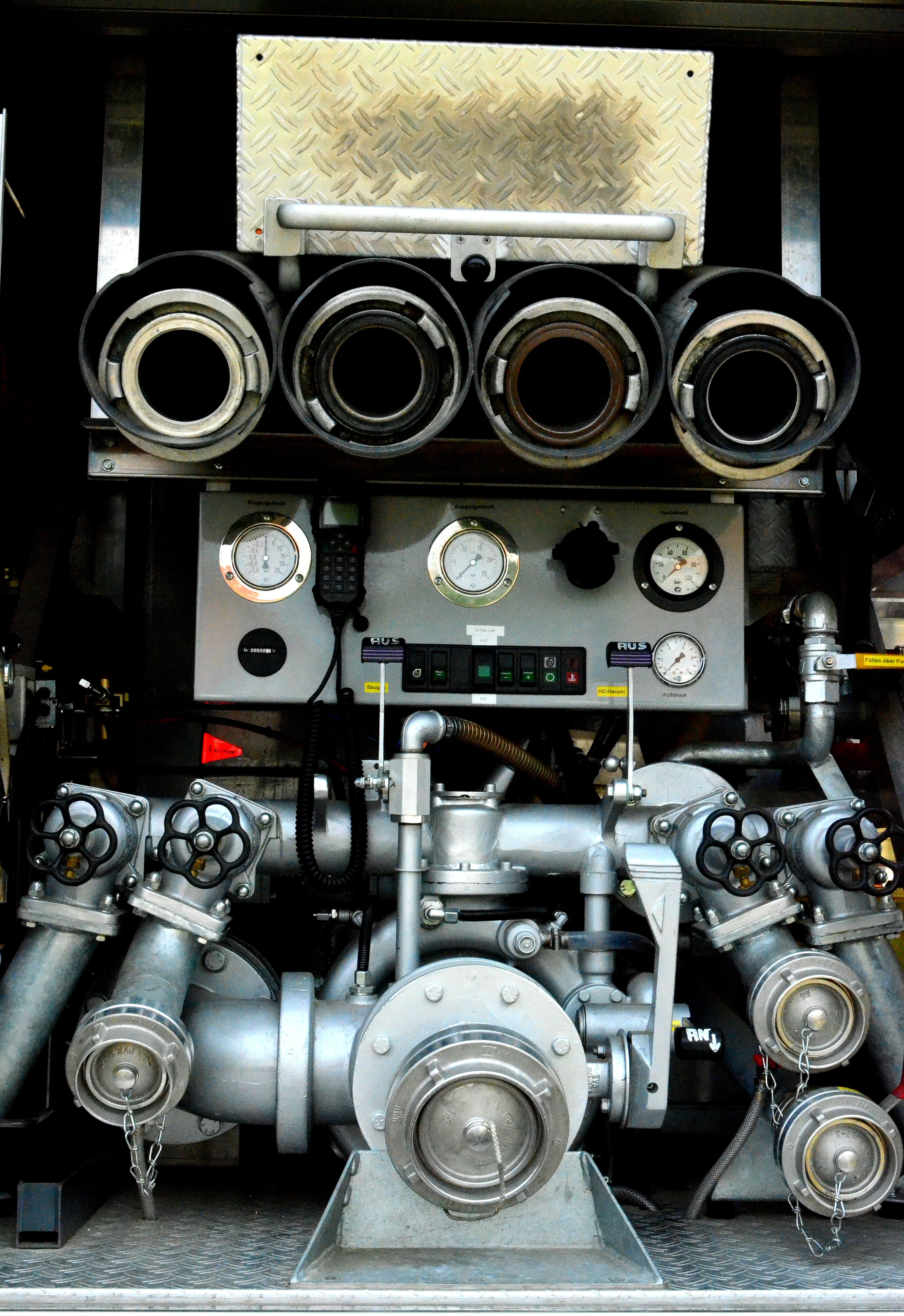 close-up, factory, mode of transportation, equipment fire truck, pipe - tube, machine part, no people, engine, indoors, fire fighting, extinguishing pump, Phone HD Wallpaper