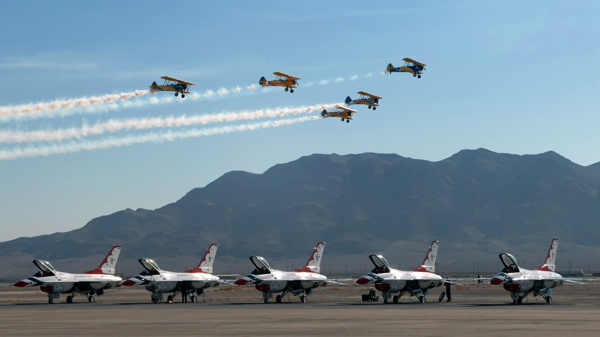 sky, Boeing Stearman, General Dynamics F-16 Fighting Falcon, military aircraft, aircraft, military, 1080P, contrails, jets, airplane, HD Wallpaper