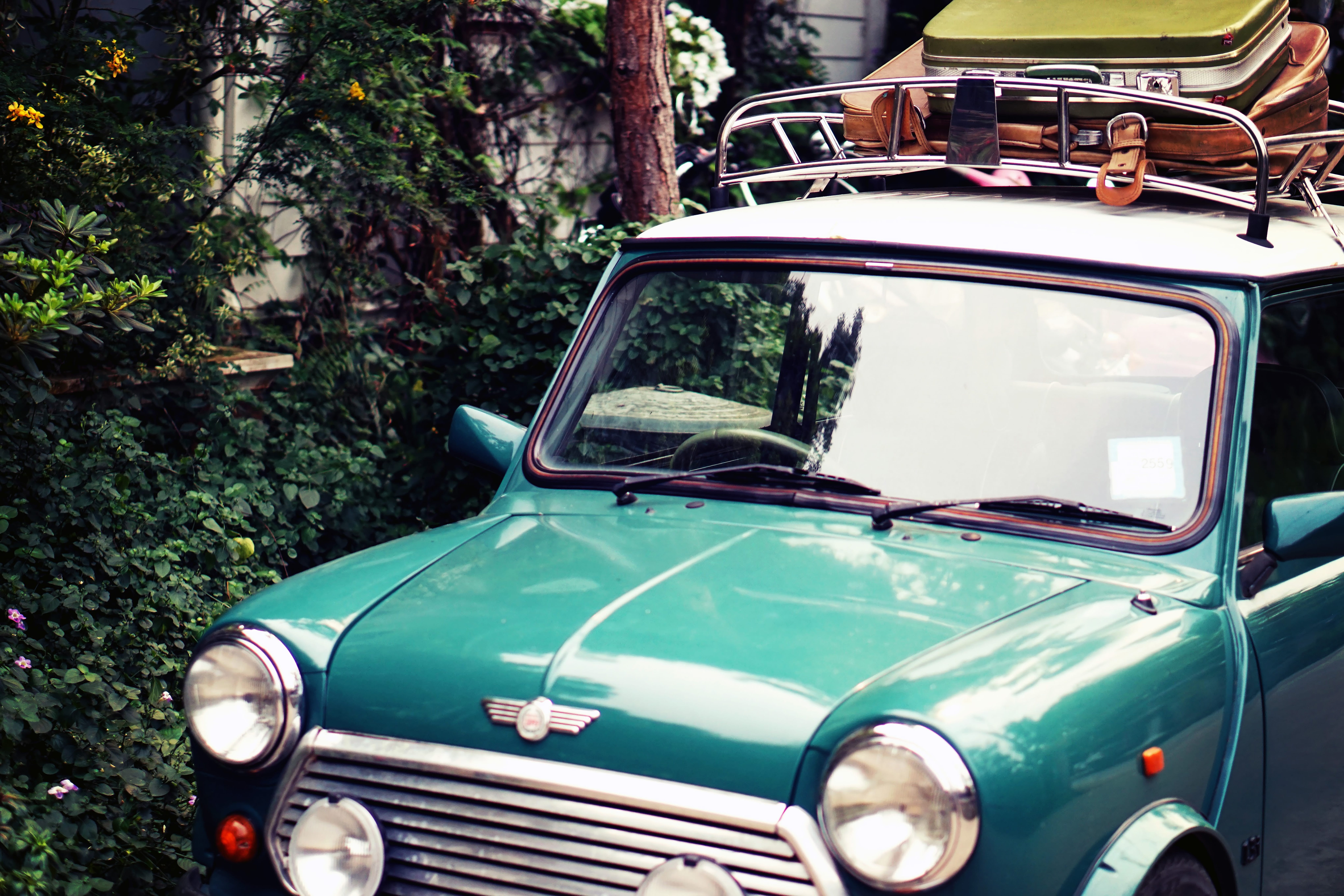 motor vehicle, travel, near, retro styled, mode of transportation, morris, mini cooper, glass - material, teal, no people, plant, automobile, parked, outdoors, HD Wallpaper