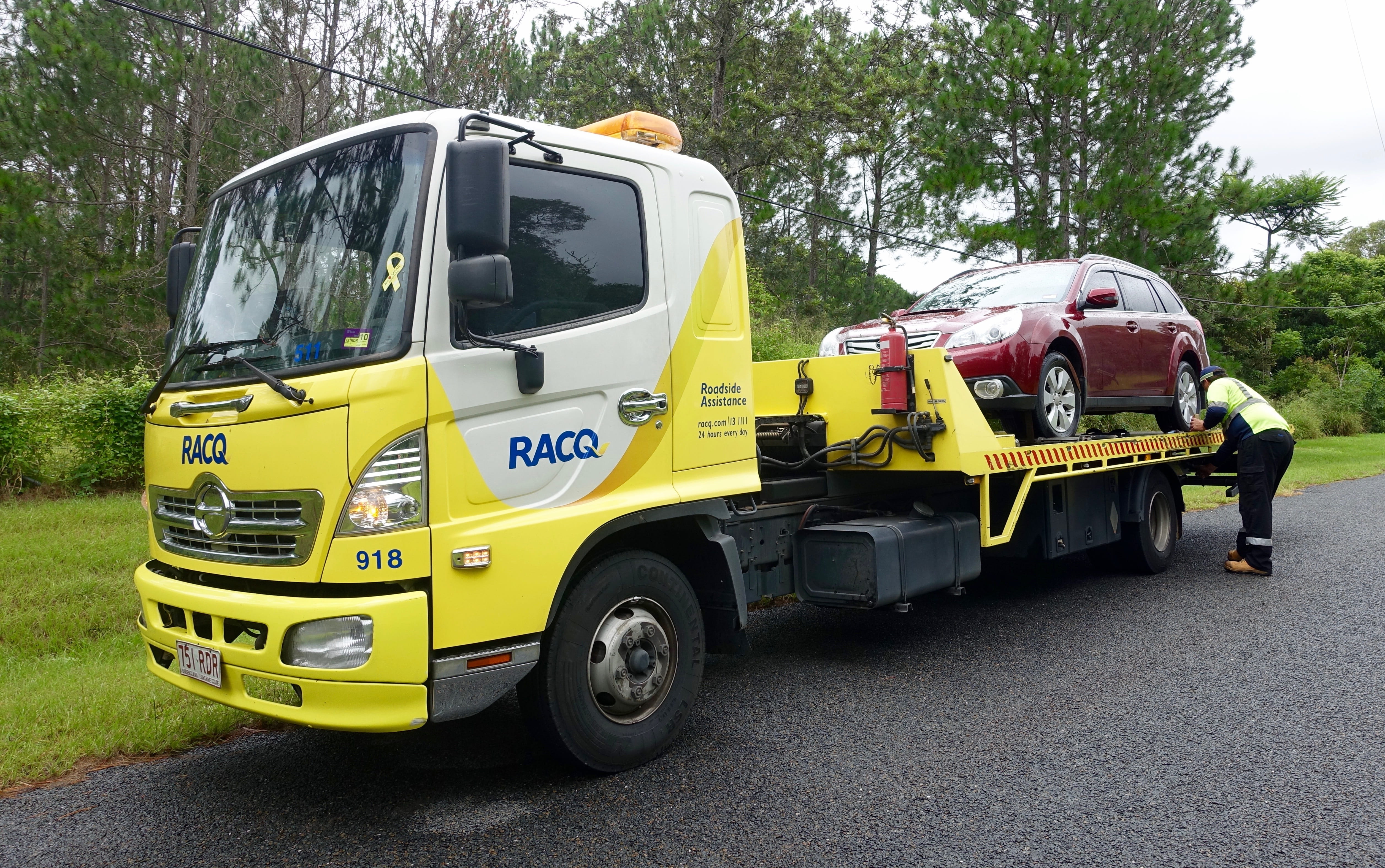 no people, breakdown, car, repair, service, tree, street, recovery, auto, outdoors, yellow, motor vehicle, day, stationary, number, emergency, maintenance, HD Wallpaper