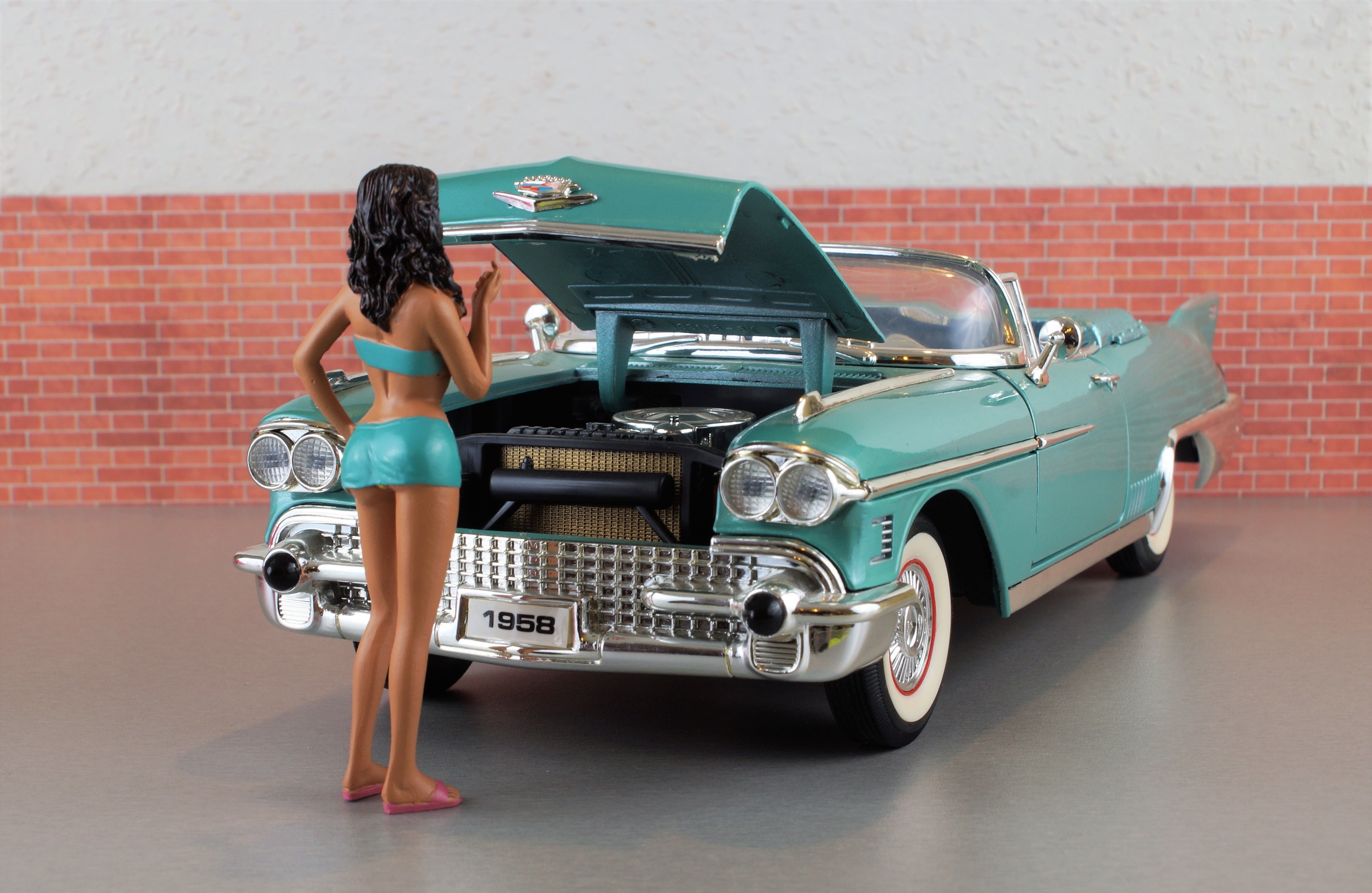 toy car, transportation, car, brick, adult, fashion, diorama, auto, looking, cadillac eldorado, old, at a loss, beautiful woman, holding, clothing, hairstyle, HD Wallpaper