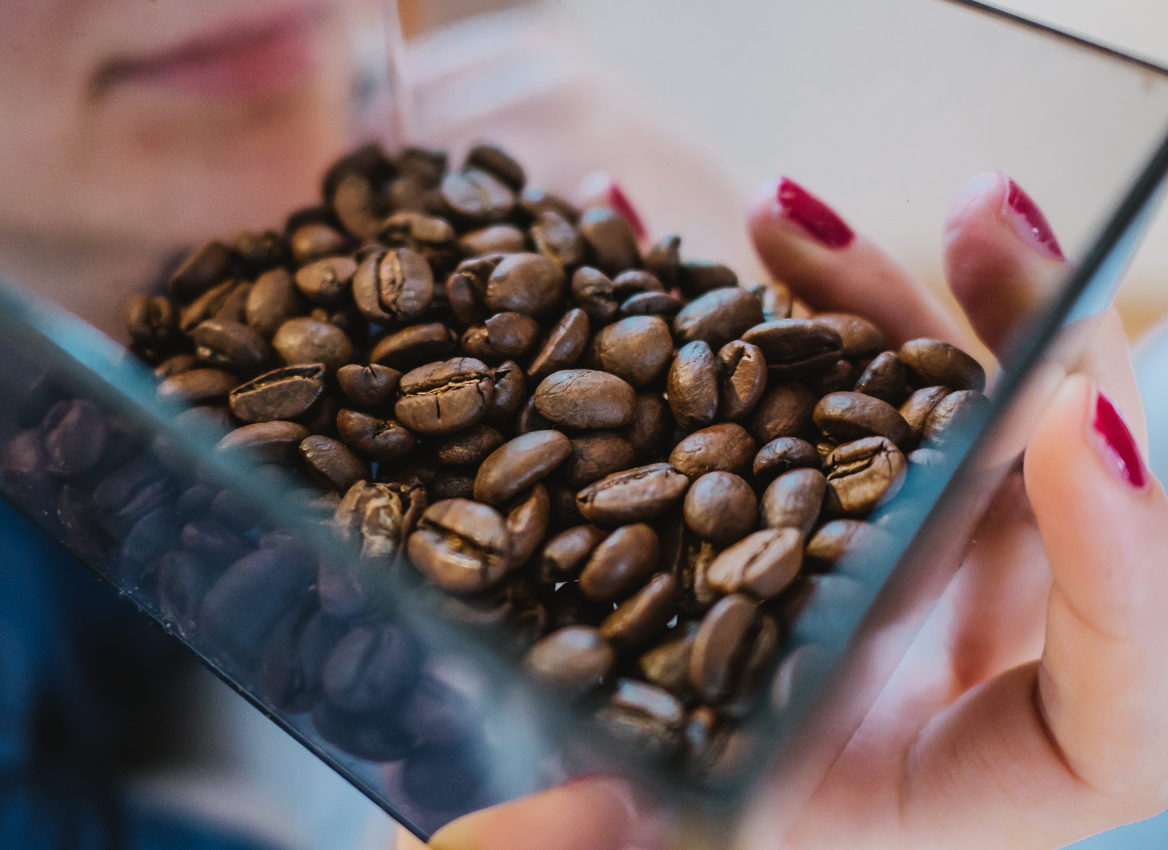 coffee, grains, snack, finger, human body part, drink, abundance, glass, nail polish, food, beans, coffee beans, dark, caffeine, seeds, food and drink, HD Wallpaper