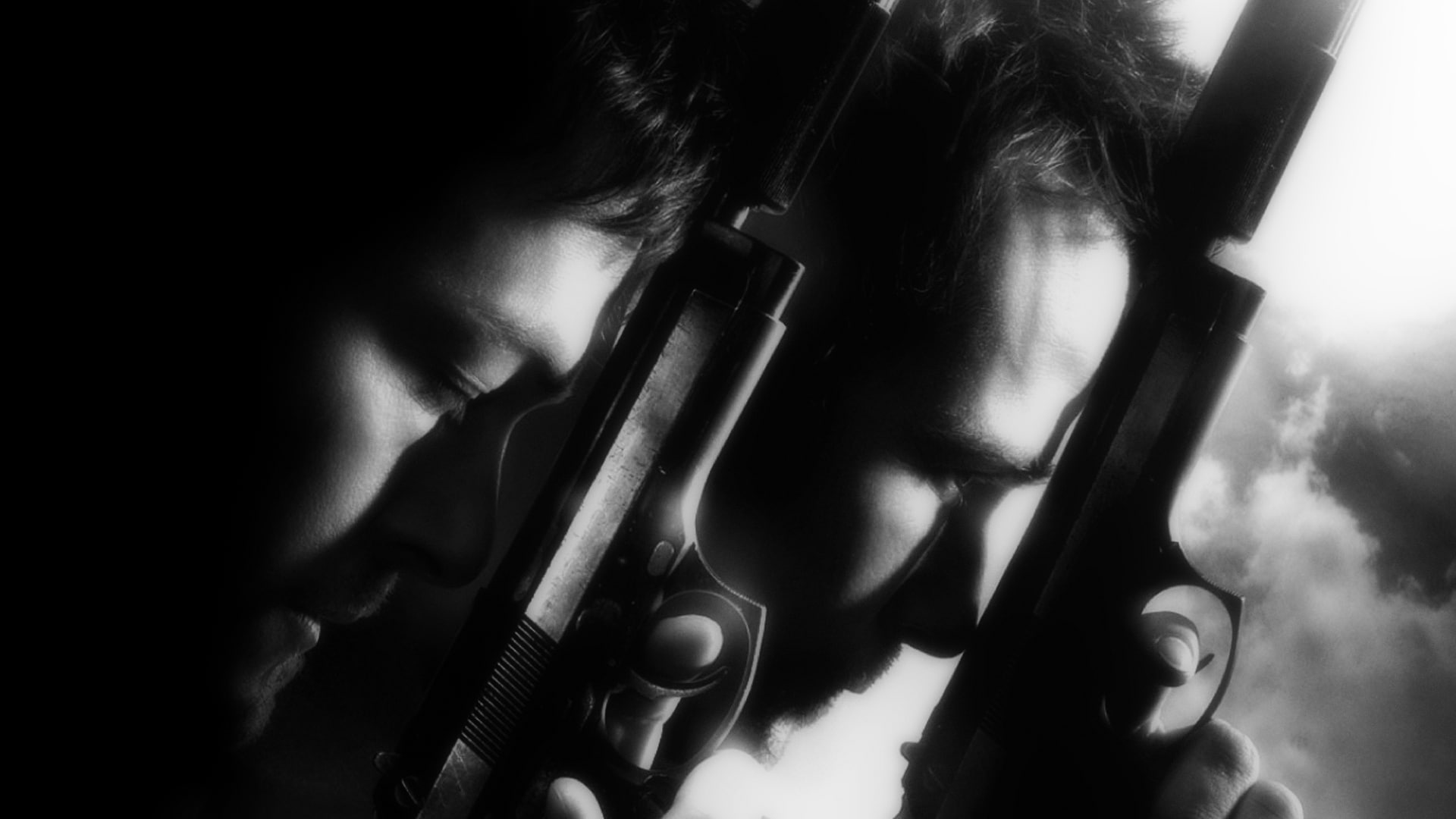 actor, saints, 1080P, males, weapons, movies, greyscale, men, guns, pistol, black, monochrome, boondock, white, HD Wallpaper