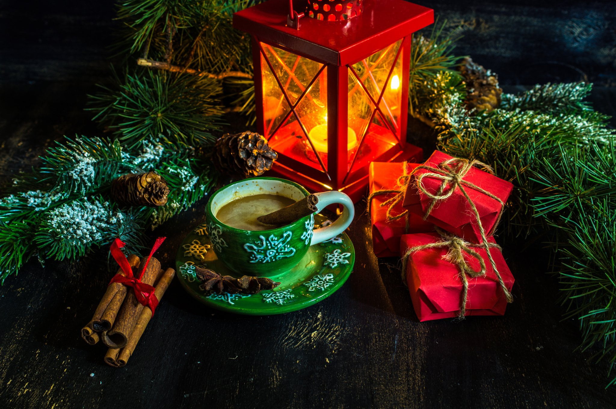 coffee, branches, box - Container, gift, lantern, illuminated, retro Styled, celebration event, spices, holiday - event, pine Tree, fir Tree, art and craft, HD Wallpaper