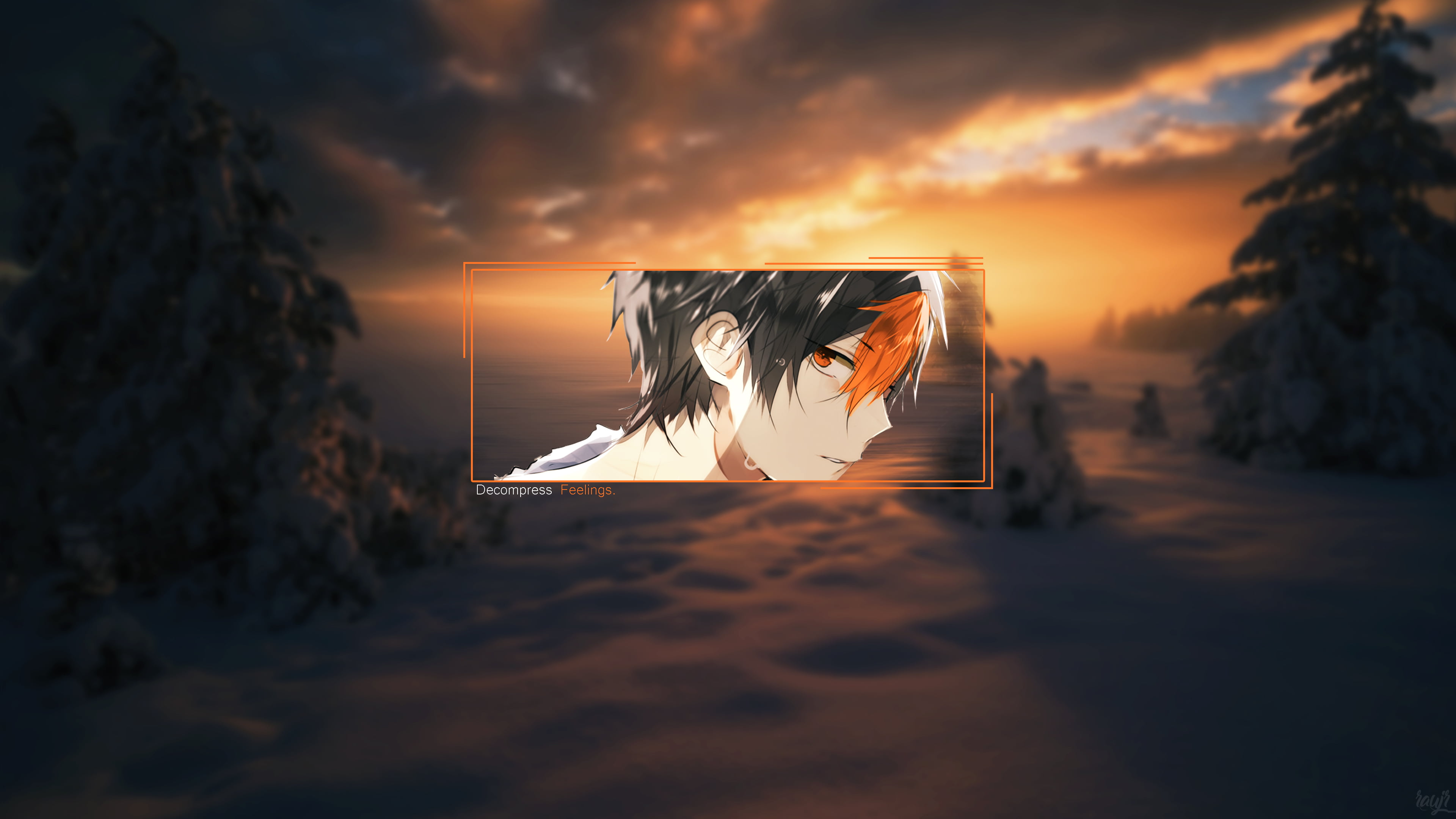 picture-in-picture, Orange Caramel, anime boys, 4K, sun bathing, orange eyes, landscape, HD Wallpaper
