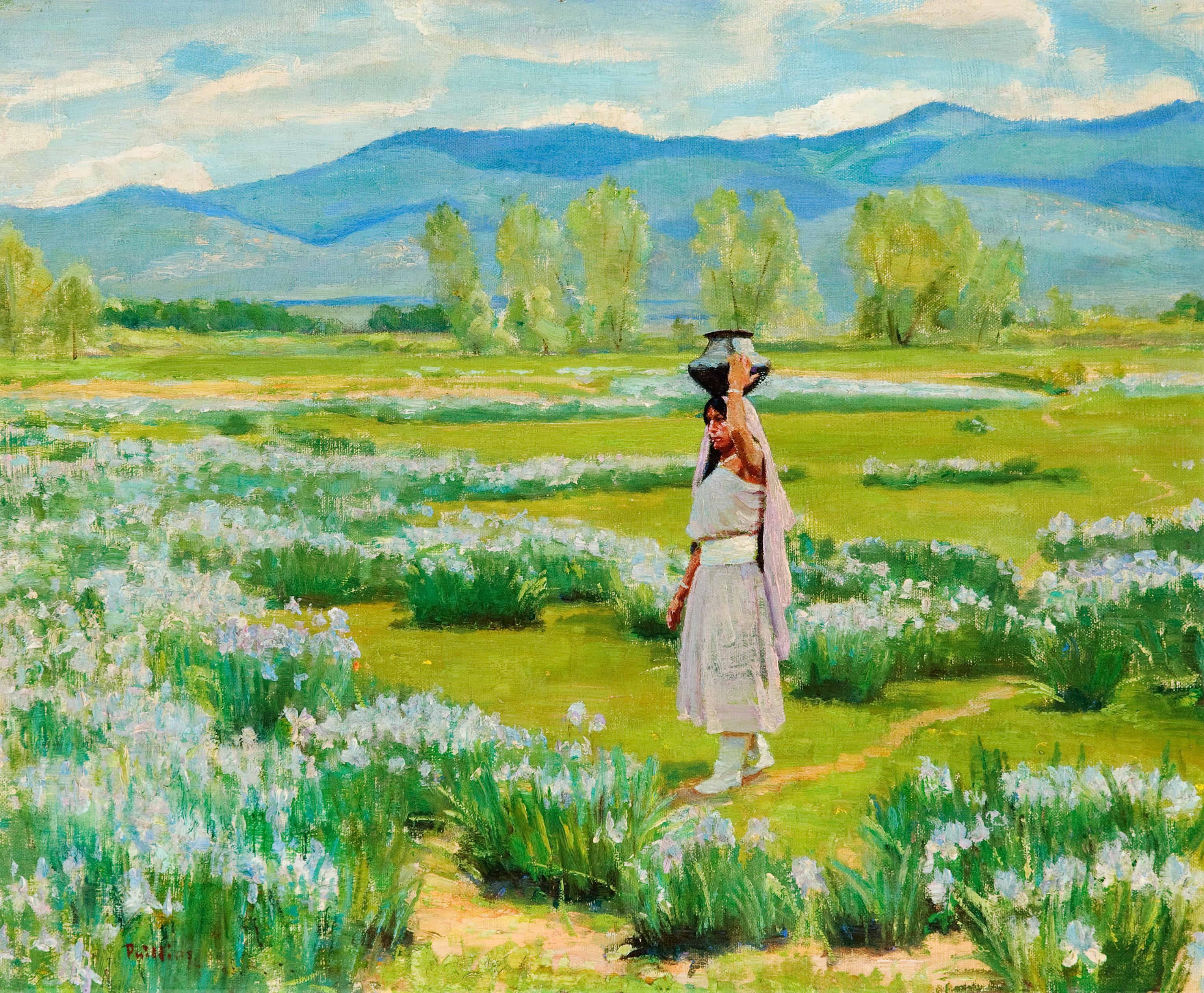 2K, Bert Geer Phillips, or Daughter of the Water Clan, flowers, The Water Carrier, pitcher, Taos Pueblo, HD Wallpaper
