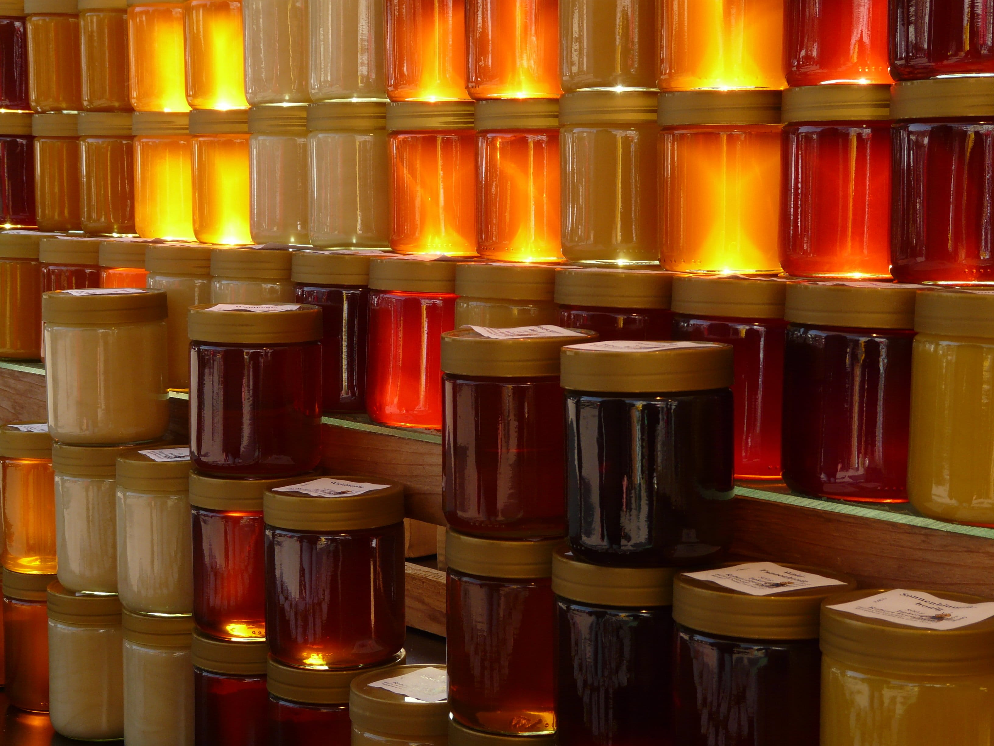 still life, in a row, retail display, variation, retail, preserved, arrangement, backgrounds, close-up, honey jar, large group of objects, honey, choice, HD Wallpaper
