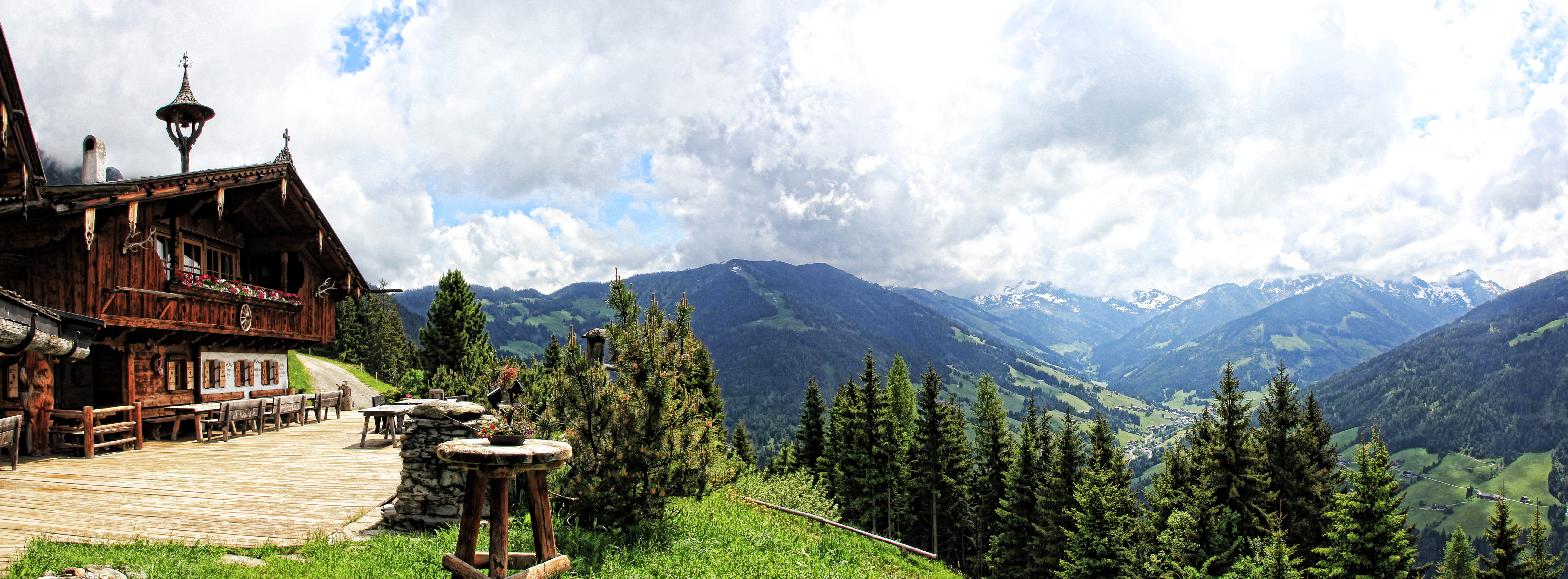 travel, hut, tree, mountain Range, land, alm hut, sky, Alpbach, panorama, landscape, 5K, wood - Material, grass, forest, summer, day, environment, plant, HD Wallpaper