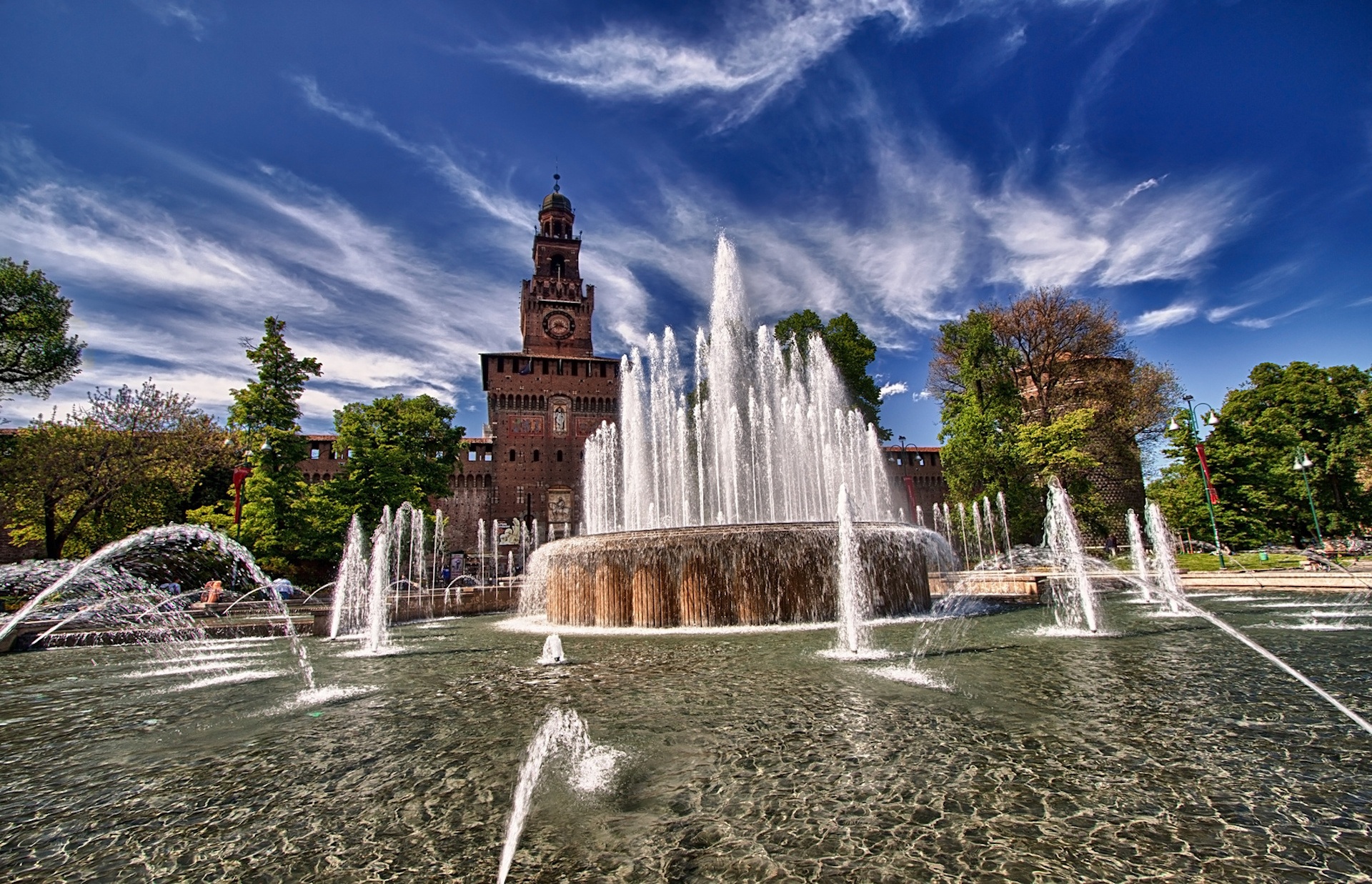 splashing, water, travel destinations, built structure, flowing water, cloud - sky, motion, long exposure, tower, building, flowing, 1080P, nature, milan, HD Wallpaper