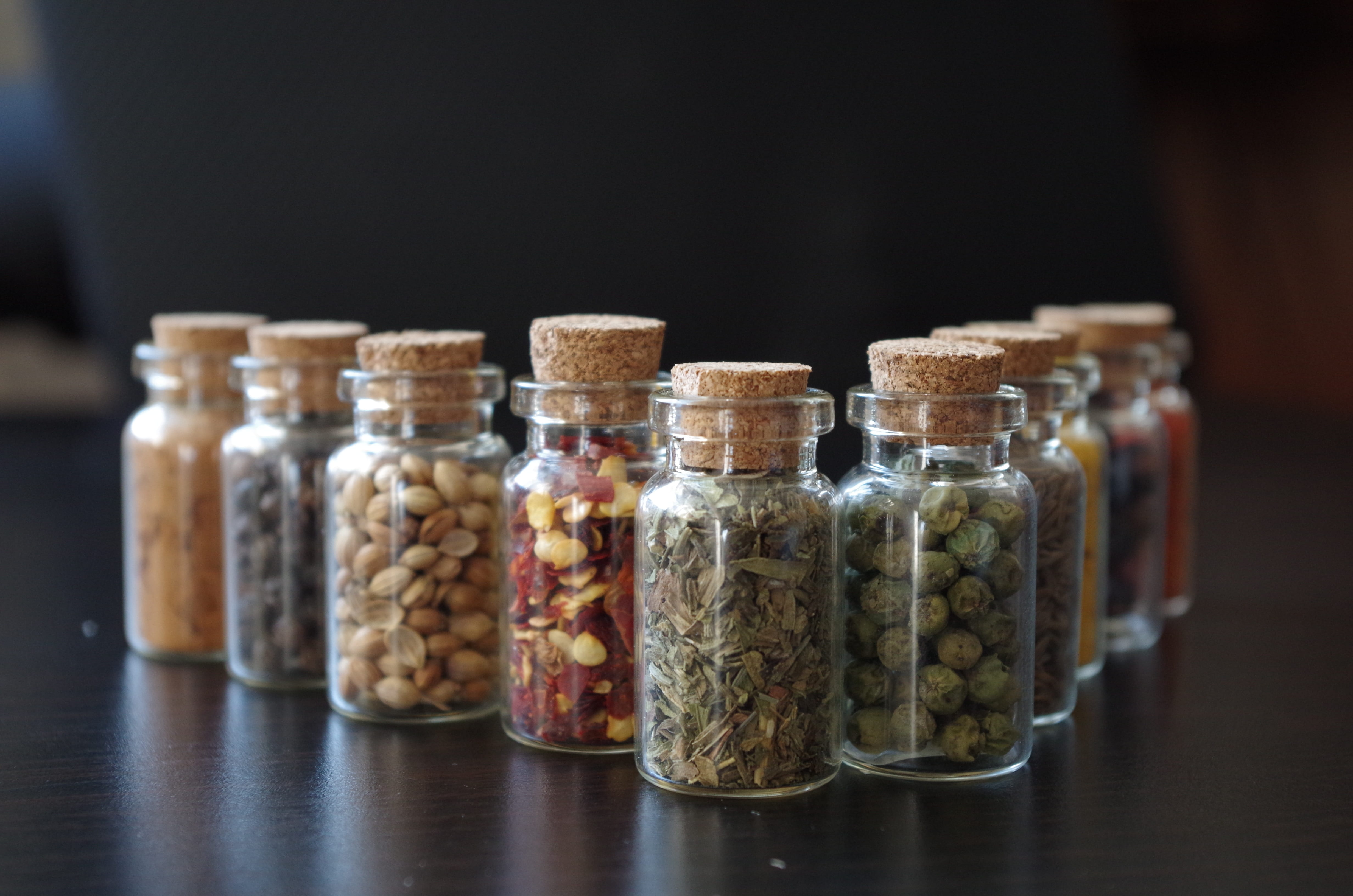 side by side, cooking, choice, variation, food, glass - material, herb, food and drink, pepper, table, 4K, container, large group of objects, in a row, HD Wallpaper
