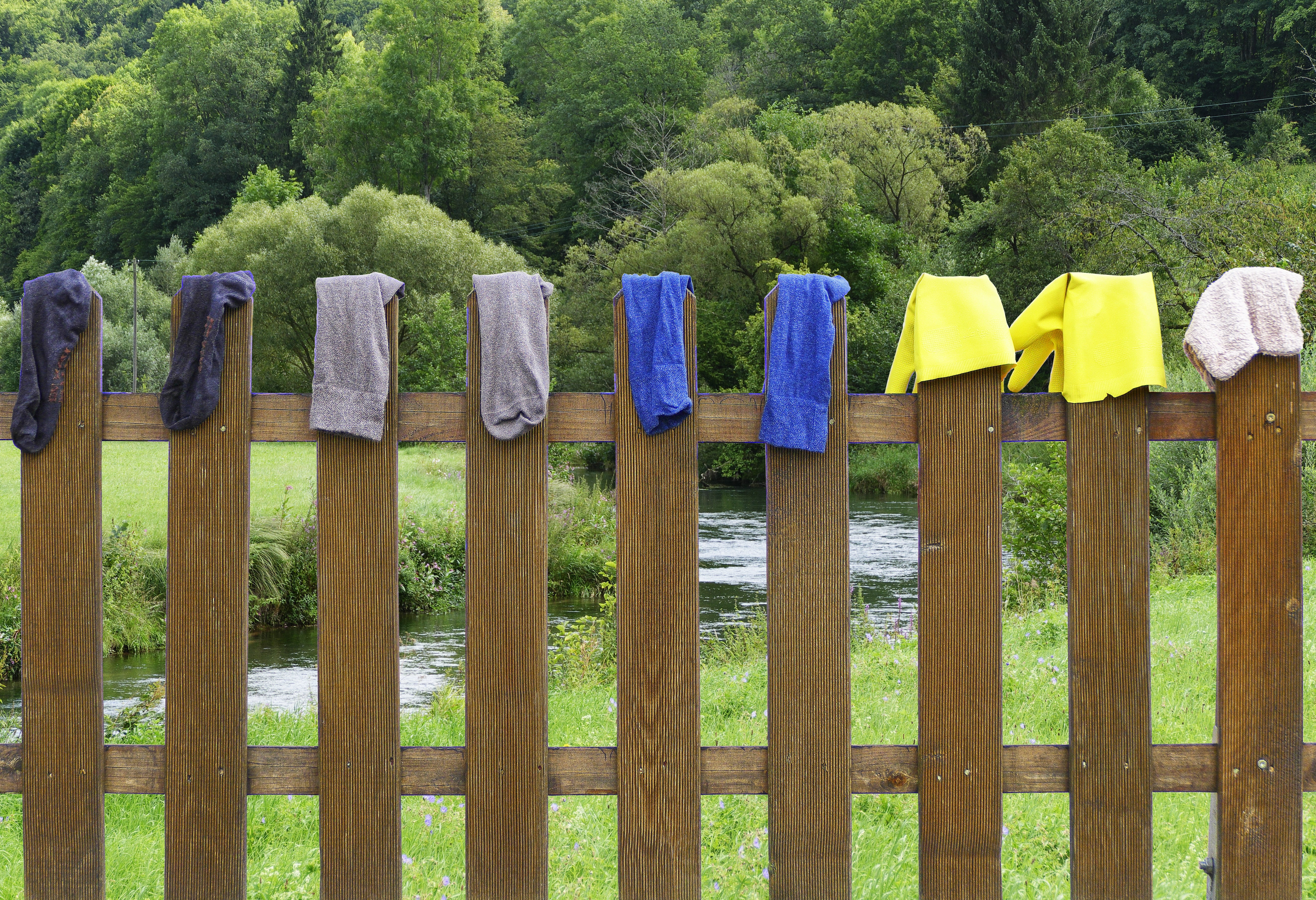 day, wood fence, in a row, no people, rubber gloves, security, wood - material, isolated, dry, hang laundry, rag, hanging, side by side, cleaned, protection, HD Wallpaper