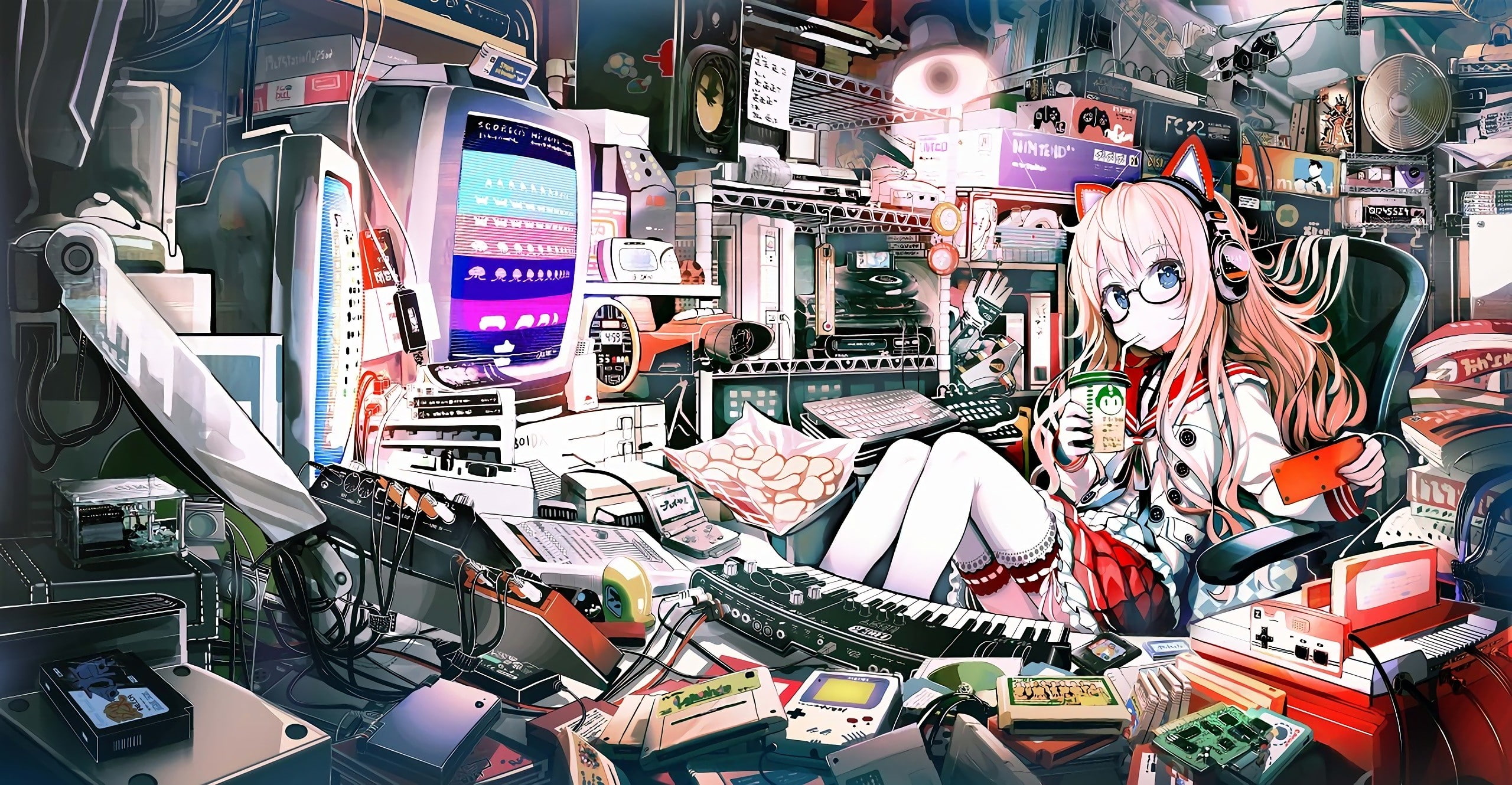 2K, animal ears, nekomimi, anime, blue eyes, glasses, stockings, anime girls, headphones, HD Wallpaper