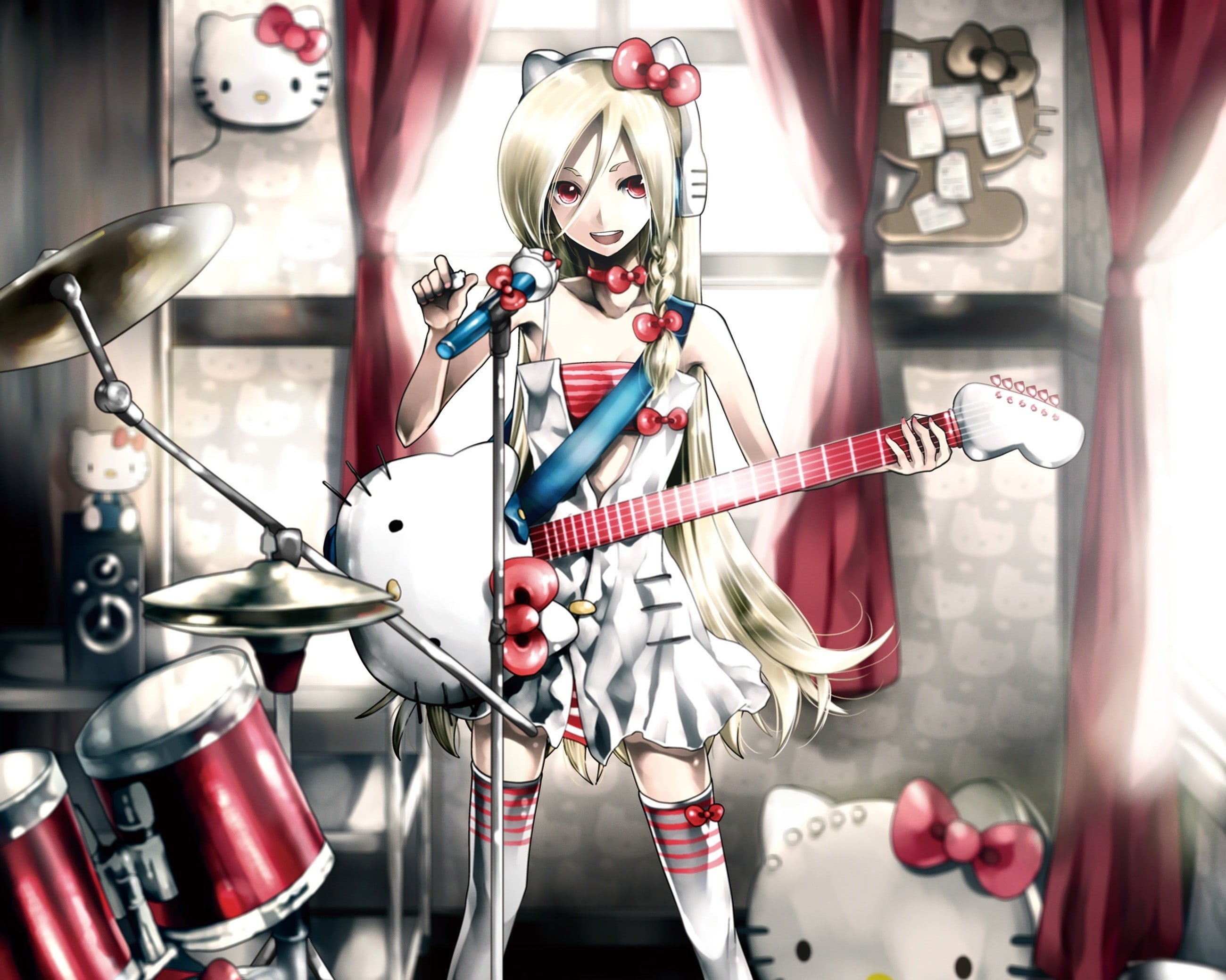 dress, hello, ears, animal, long, hd, kitty, art, anime, hair, indoors, red, girl, room, headphones, blondes, 2K, nekomimi, HD Wallpaper