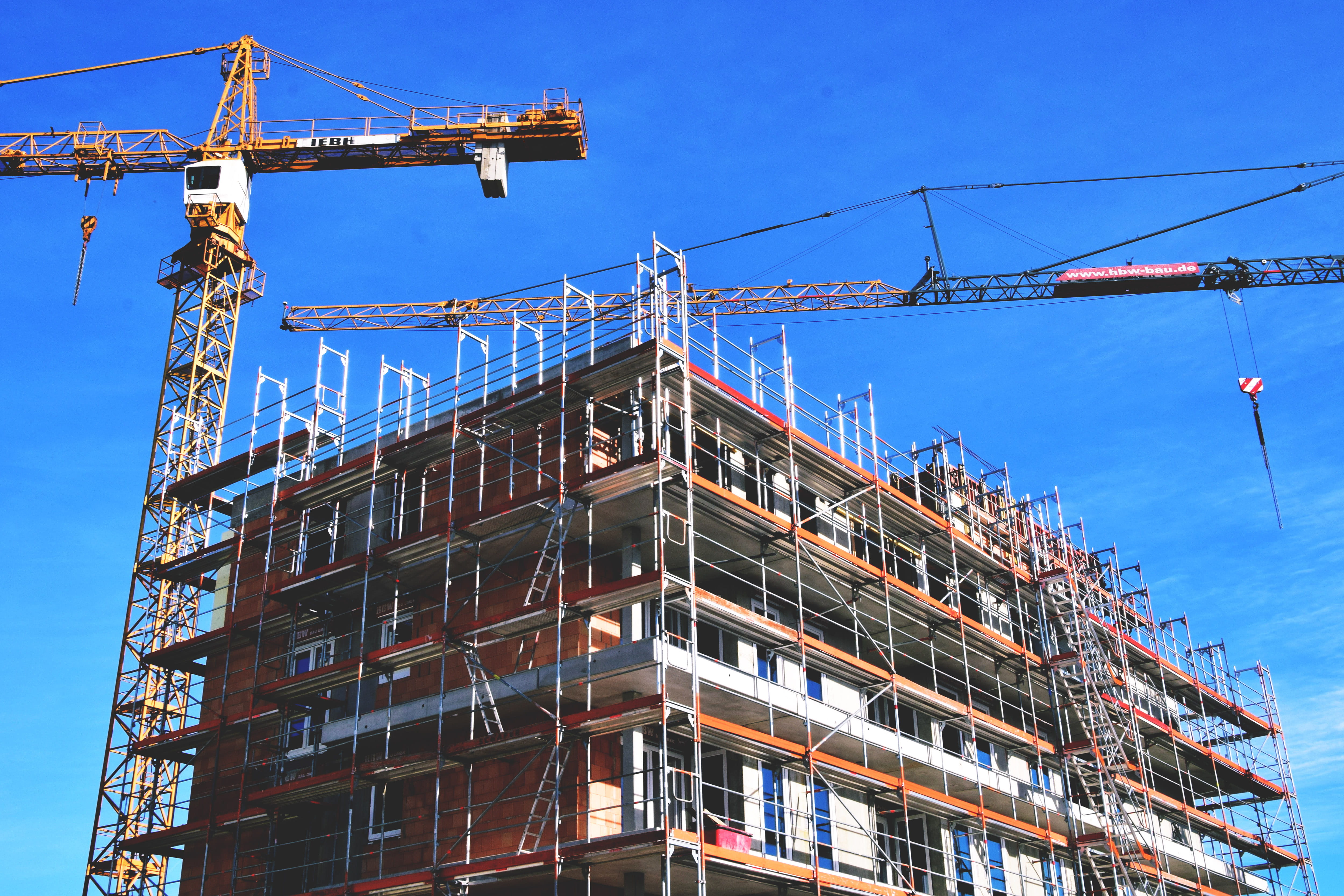 no people, apartment, scaffolding, construction site, various, industry, low angle view, building, sky, incomplete, architecture, machinery, blue, construction, HD Wallpaper