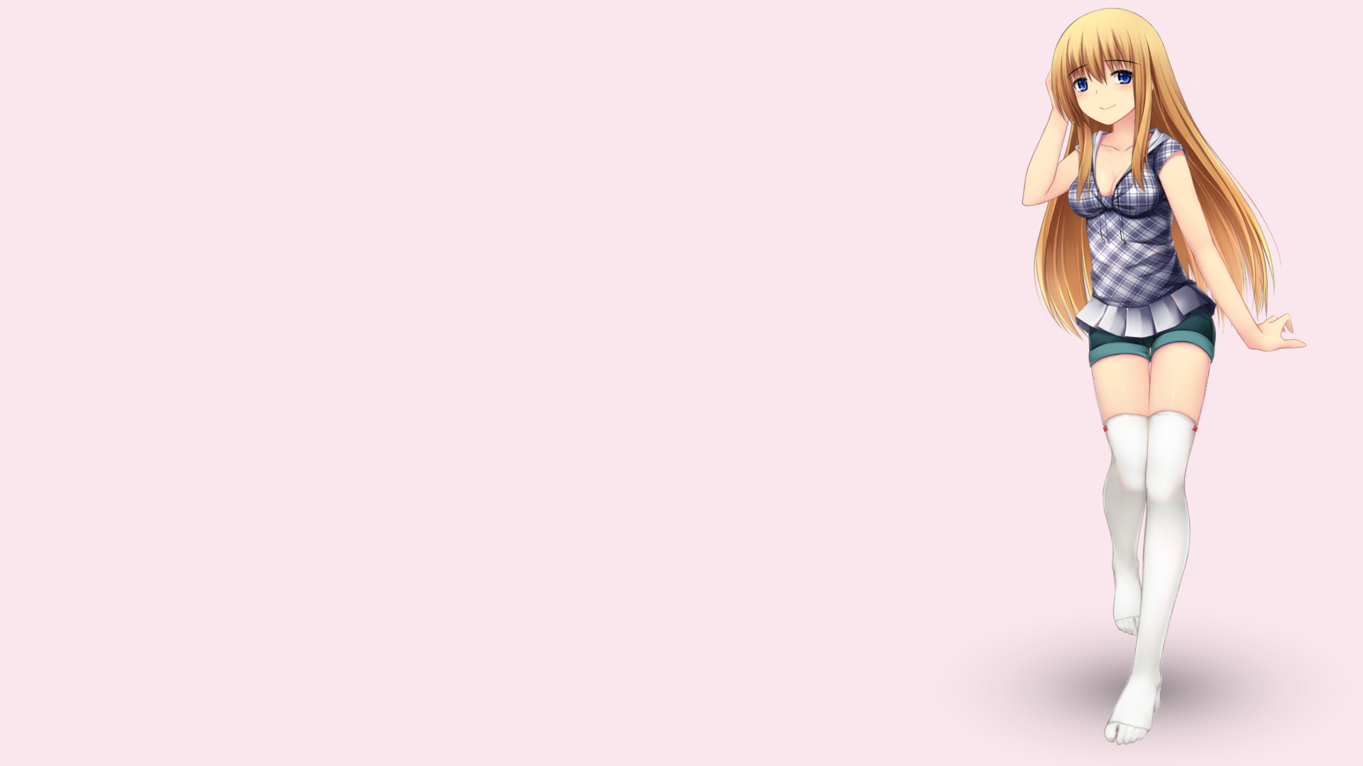 simple background, Tiffany Maye, casual, anime girls, simple, video games, blonde, Huniepop, Hunie Pop, white stockings, 1080P, pink, HD Wallpaper