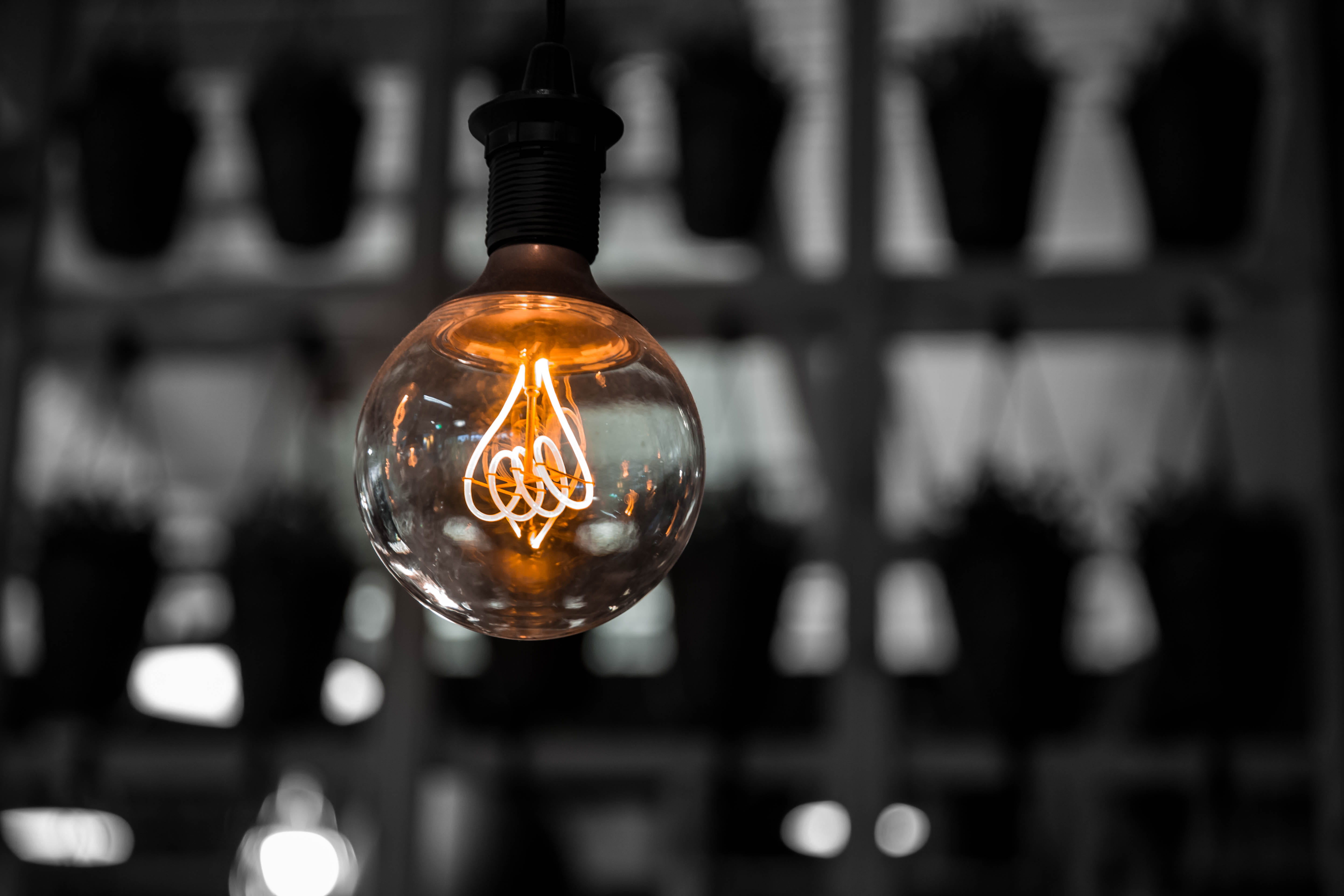 single object, electric light, selective focus, rustic, fuel and power generation, edison, light bulb, filament, dark, focus on foreground, photography, HD Wallpaper