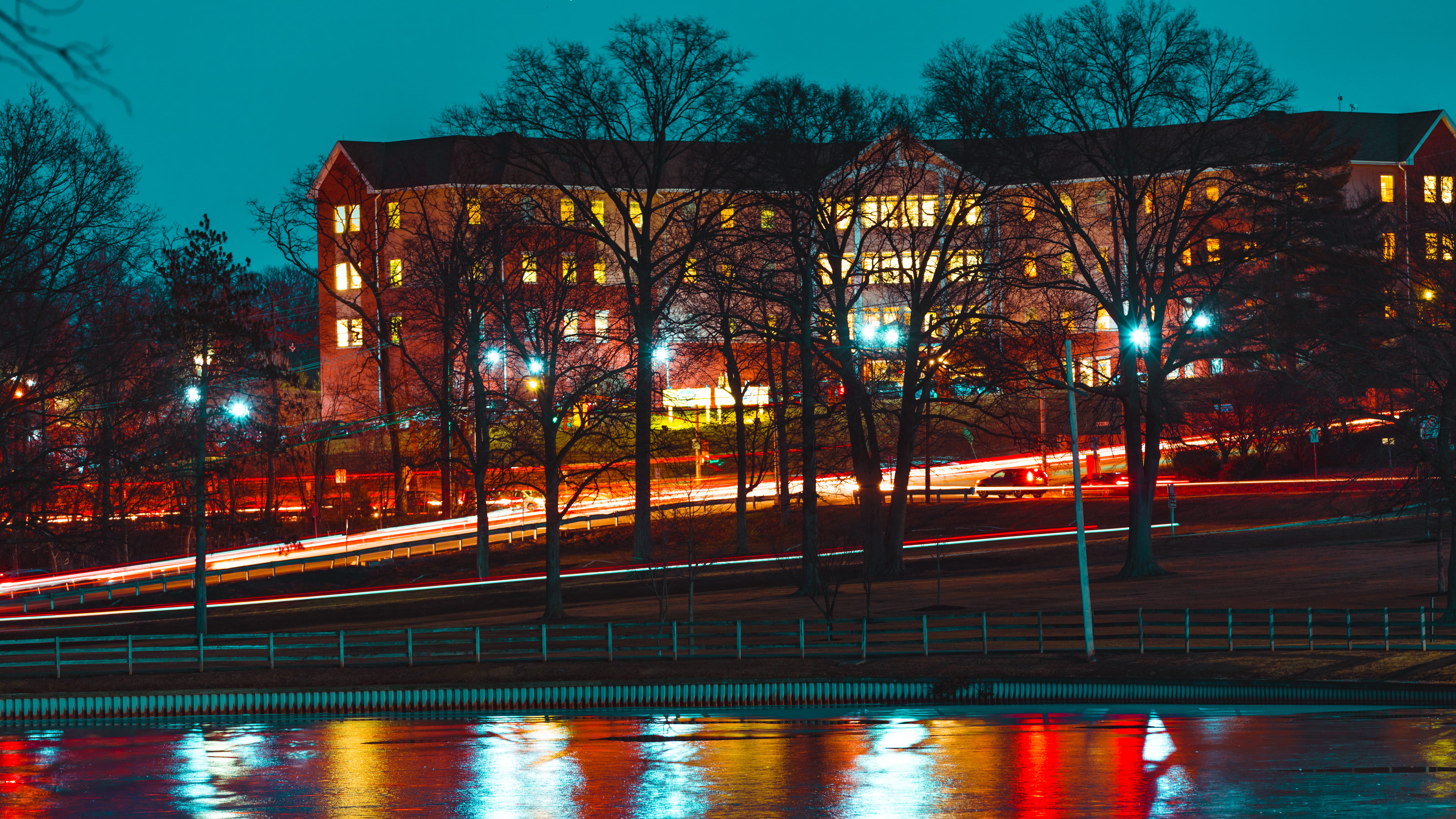night, forest, nights, illuminated, cars, 5K, plant, connection, bridge - man made structure, river, lights, reflection, city, citylights, built structure, HD Wallpaper